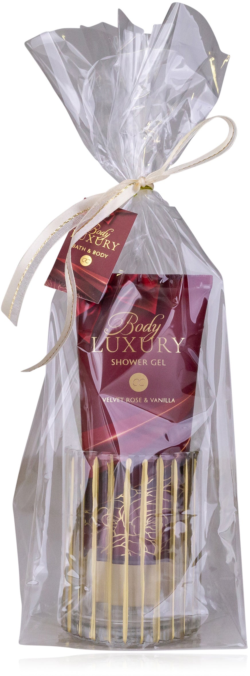 Accentra Badeset Body Luxury – Velvet Rose & Vanille, Duschgel, Netzschwamm, Glaswindlicht