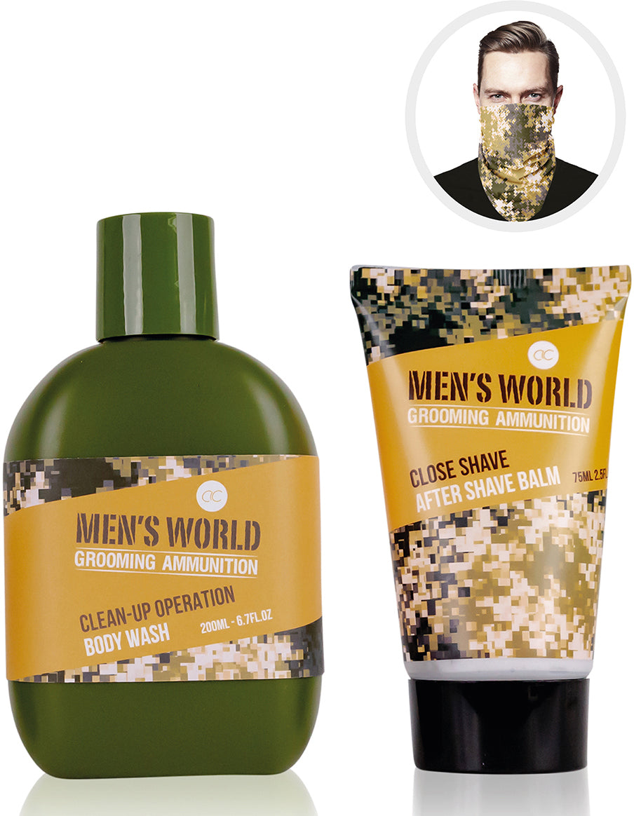 Accentra Badeset – Oak & Amber – 200 ml Duschgel, 75 ml After Shave Balm, Halstuch – olive/ocker/orange