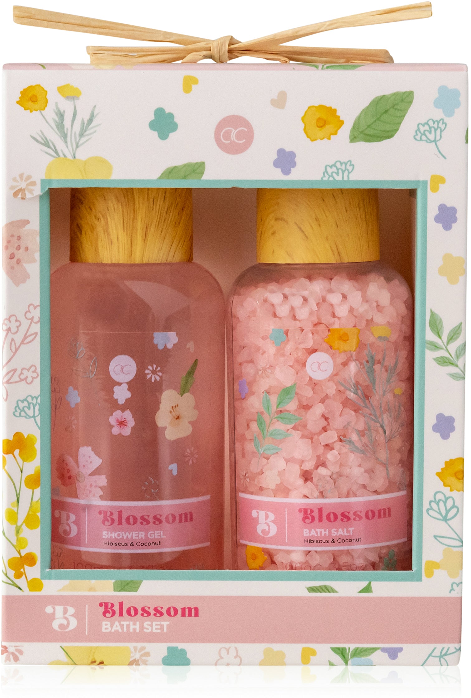 Accentra Badeset Blossom – Duschgel 100 ml, Badesalz 120 g – Hibiskus & Kokos – weiss/rosa/gelb