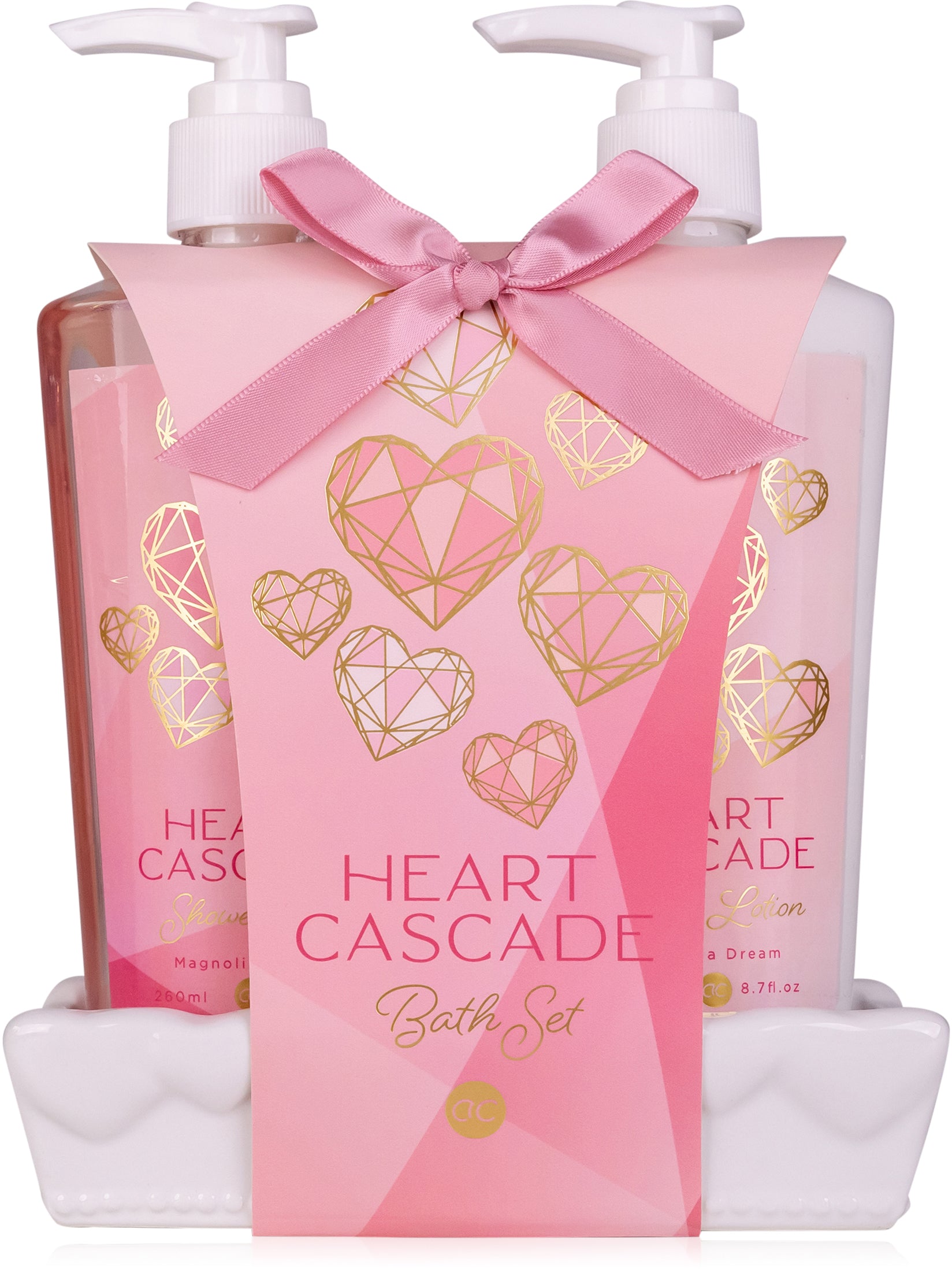 Accentra Handpflegeset Heart Cascade – Magnolia Dream, 2 × 260 ml – rosa, weiss, gold – Keramikschale