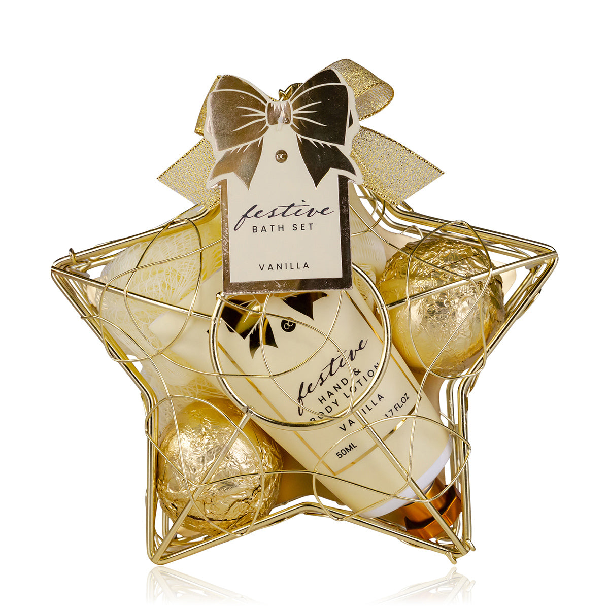 Accentra Festive Badeset – Vanilla – 50 ml Hand- & Bodylotion, 2 × 40 g Badefizzer, Netzschwamm