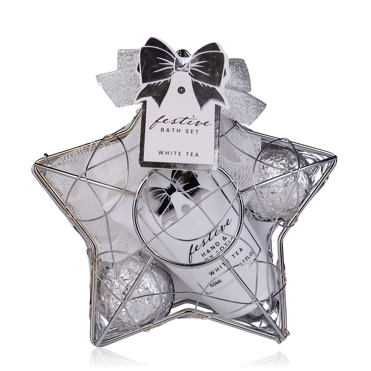 Accentra Badeset Festive – White Tea, Hand- & Bodylotion 50 ml, 2 × 40 g Badefizzer, Netzschwamm – Silber