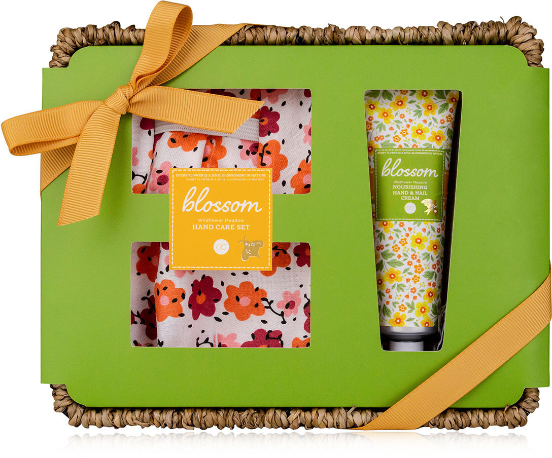 Accentra Badeset Blossom – Duft Wildflower Meadow, inkl. Hand- & Nagelcreme 30 ml, Gartenhandschuhe – Seegras