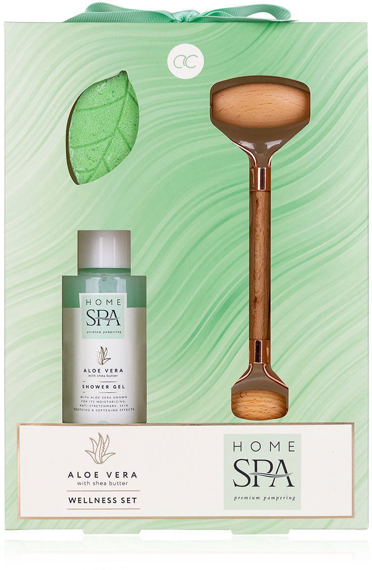 Accentra Badeset HOME SPA – 100 ml Duschgel, 30 g Badefizzer, Massageroller Holz – Aloe Vera