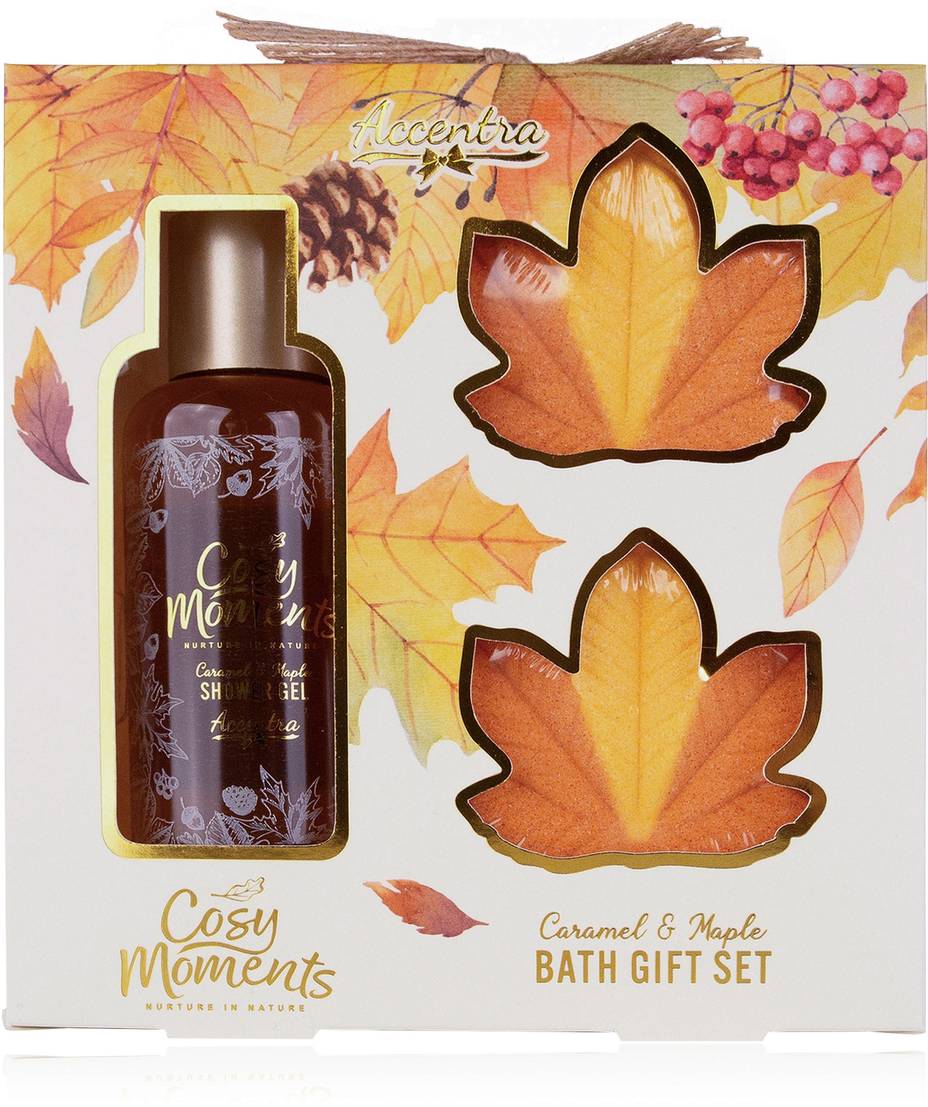 Accentra Badeset COSY MOMENTS – 100 ml Duschgel, 2 × 40 g Badefizzer – Caramel & Maple – orange/creme
