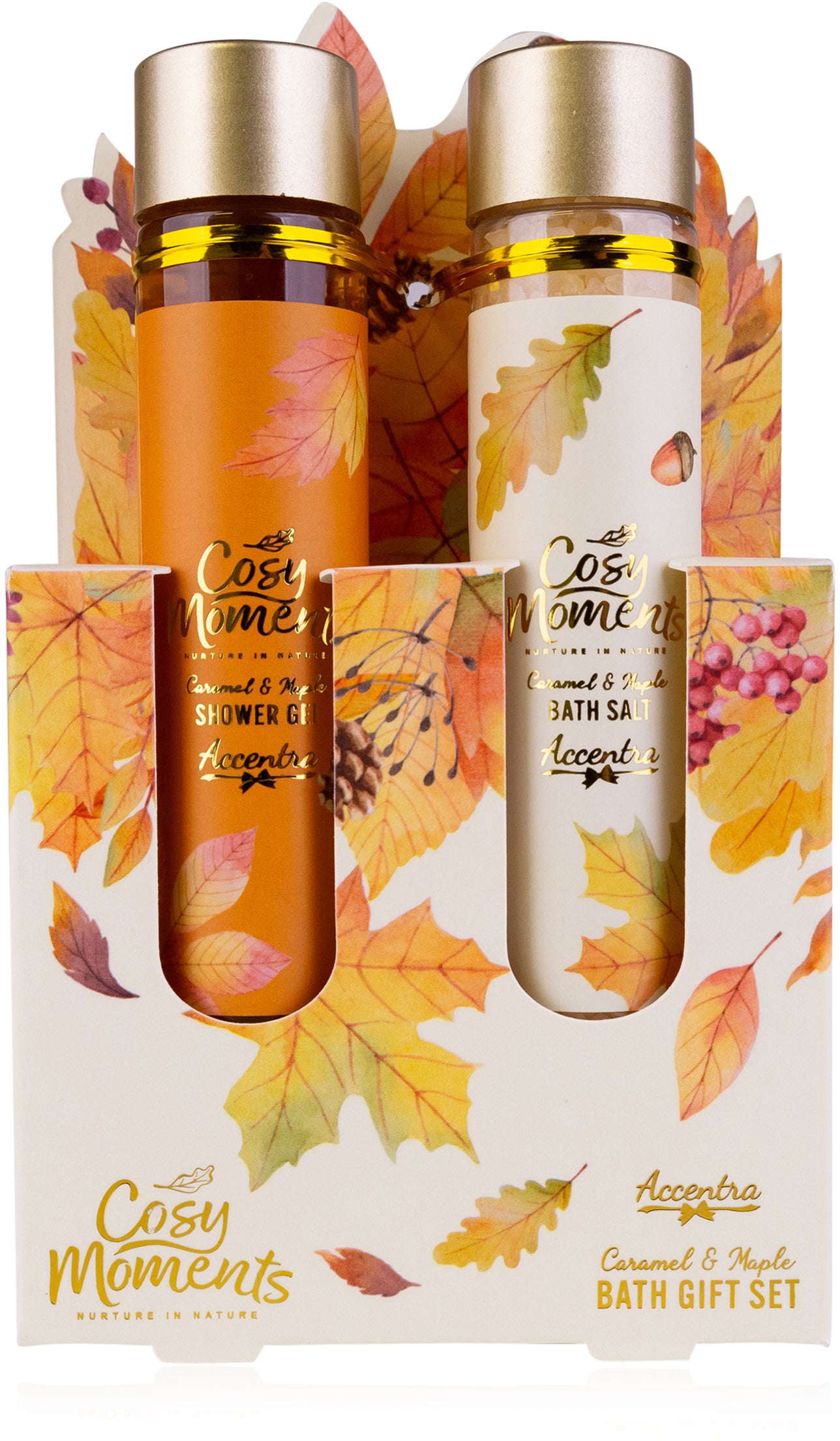 Accentra Badeset Cosy Moments – Duschgel 60 ml, Badesalz 80 g – Duft Karamell & Ahorn – orange/creme