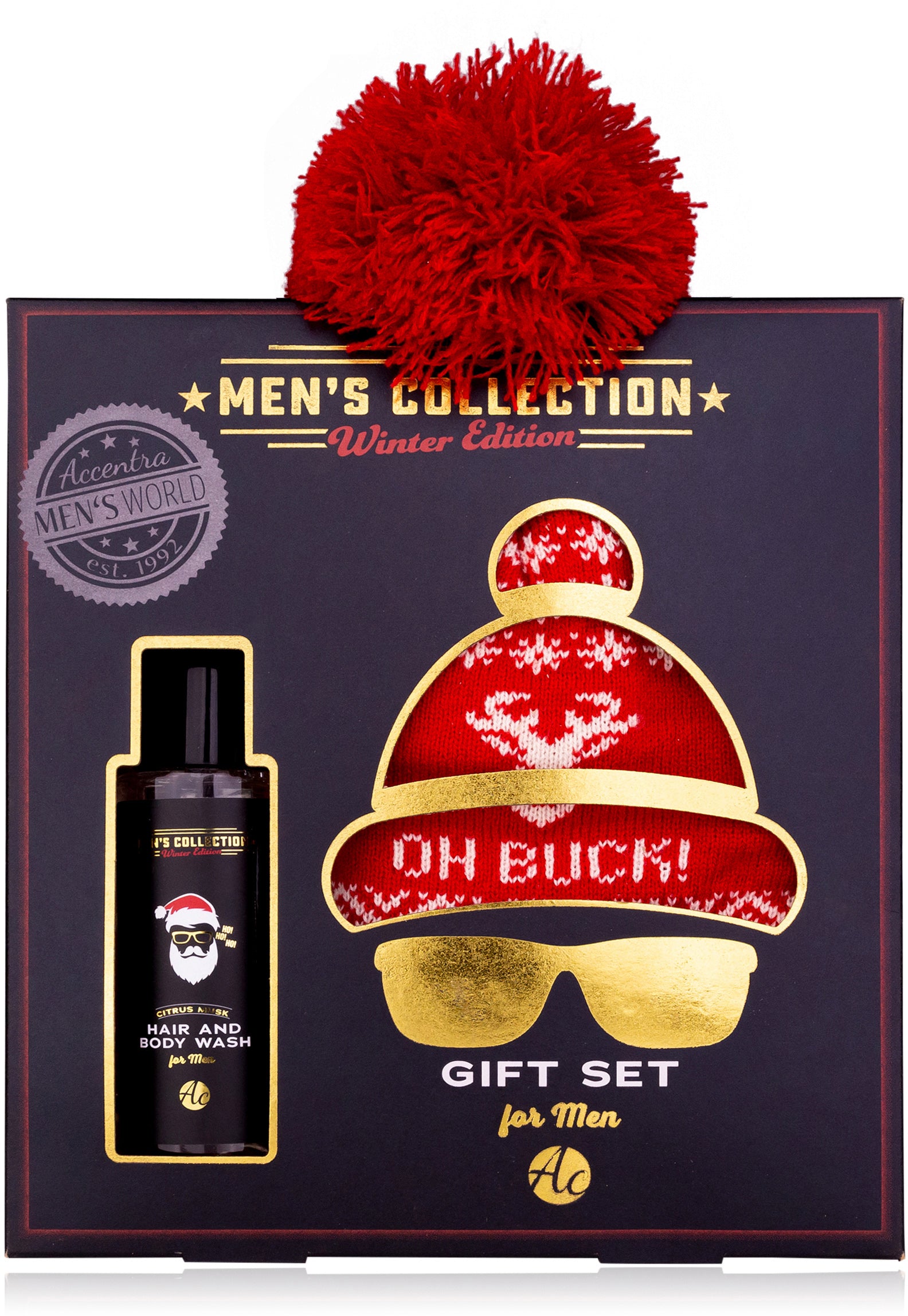 Accentra Geschenkset MEN'S – Haar- & Körperwäsche 150 ml, Mütze – Citrus Musk, braun/rot/schwarz