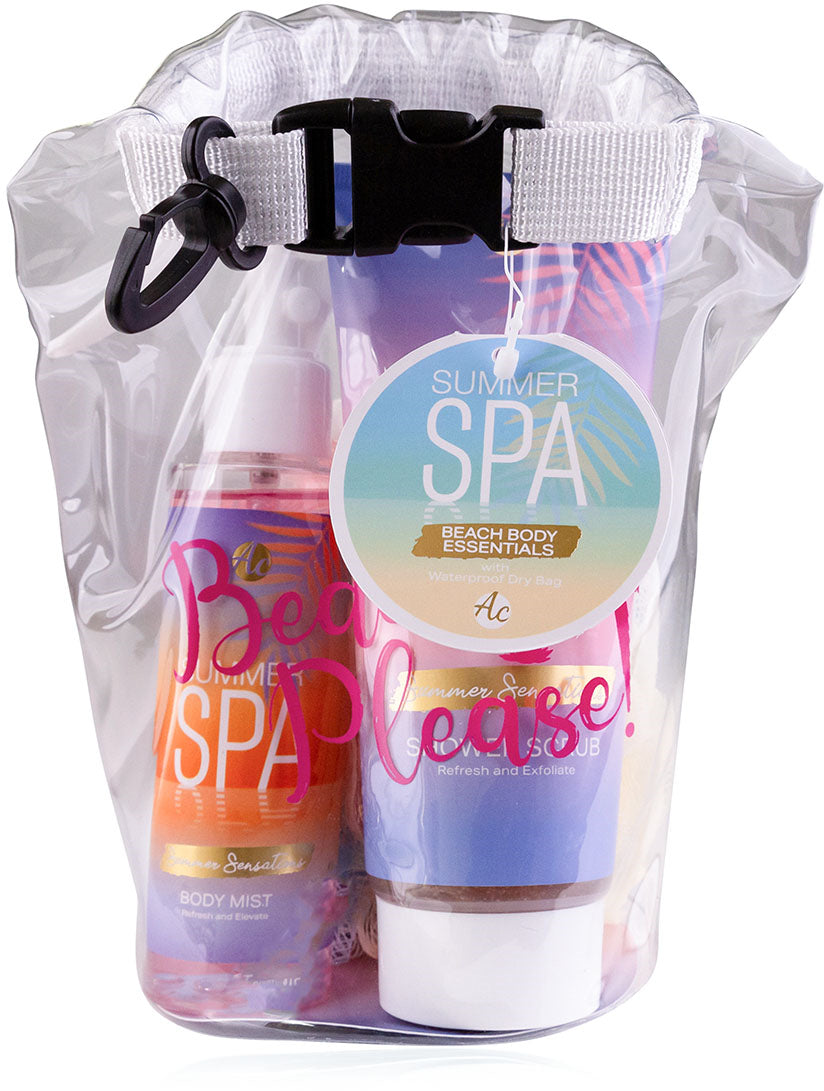Accentra Badeset im Strandbeutel – Duschpeeling 200 ml, Körperspray 90 ml, Netzschwamm
