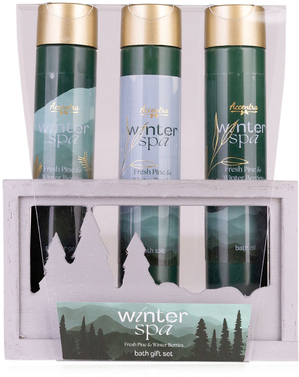 Accentra Badeset – Fresh Pine & Winter Berries – 60 ml Duschgel, 60 ml Badeöl, 80 g Badesalz – Holzbox