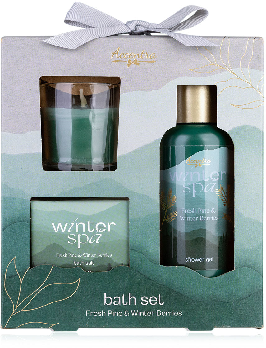 Accentra Badeset – 100 ml Duschgel, 80 g Badesalz, Duftkerze – Duft Fresh Pine & Winter Berries