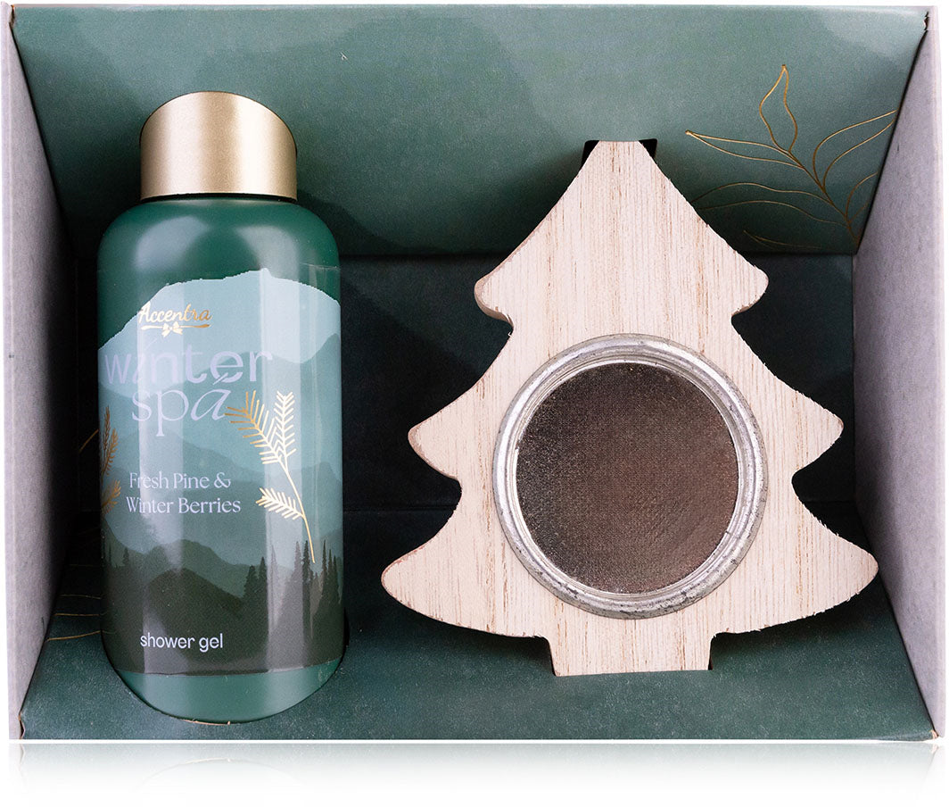 Accentra Badeset – Fresh Pine & Winter Berries, Kerzenhalter aus Holz – 100 ml Duschgel