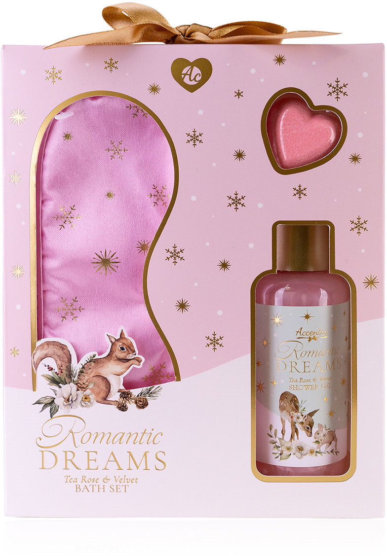 Accentra Badeset Romantic Dreams – 100 ml Duschgel, 10 g Badefizzer, Schlafmaske – Duft Tea Rose und Velvet