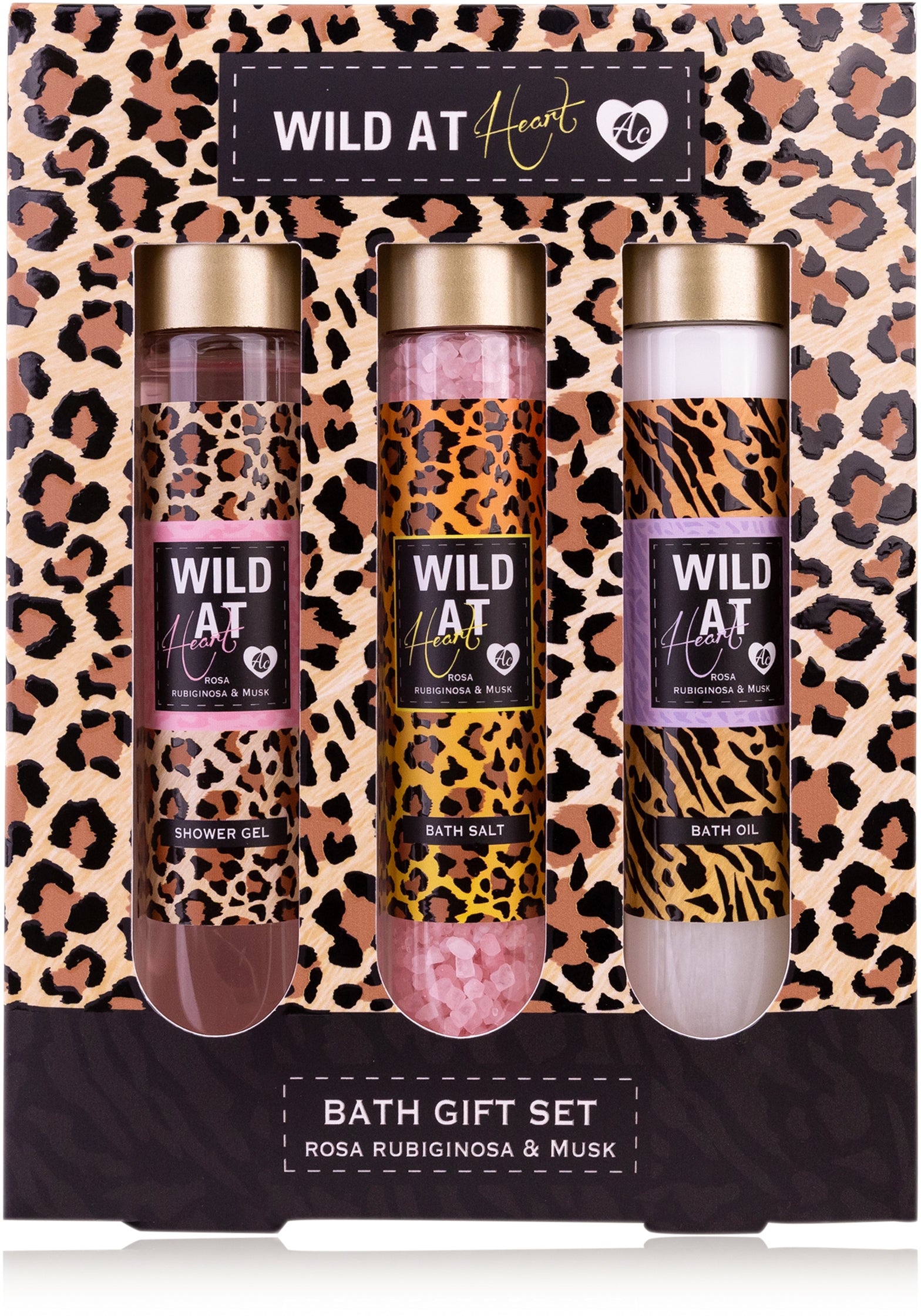 Accentra Badeset Wild at Heart – Duschgel 60 ml, Badeöl 60 ml, Badesalz 80 g – Duft Rosa Rubiginosa & Musk
