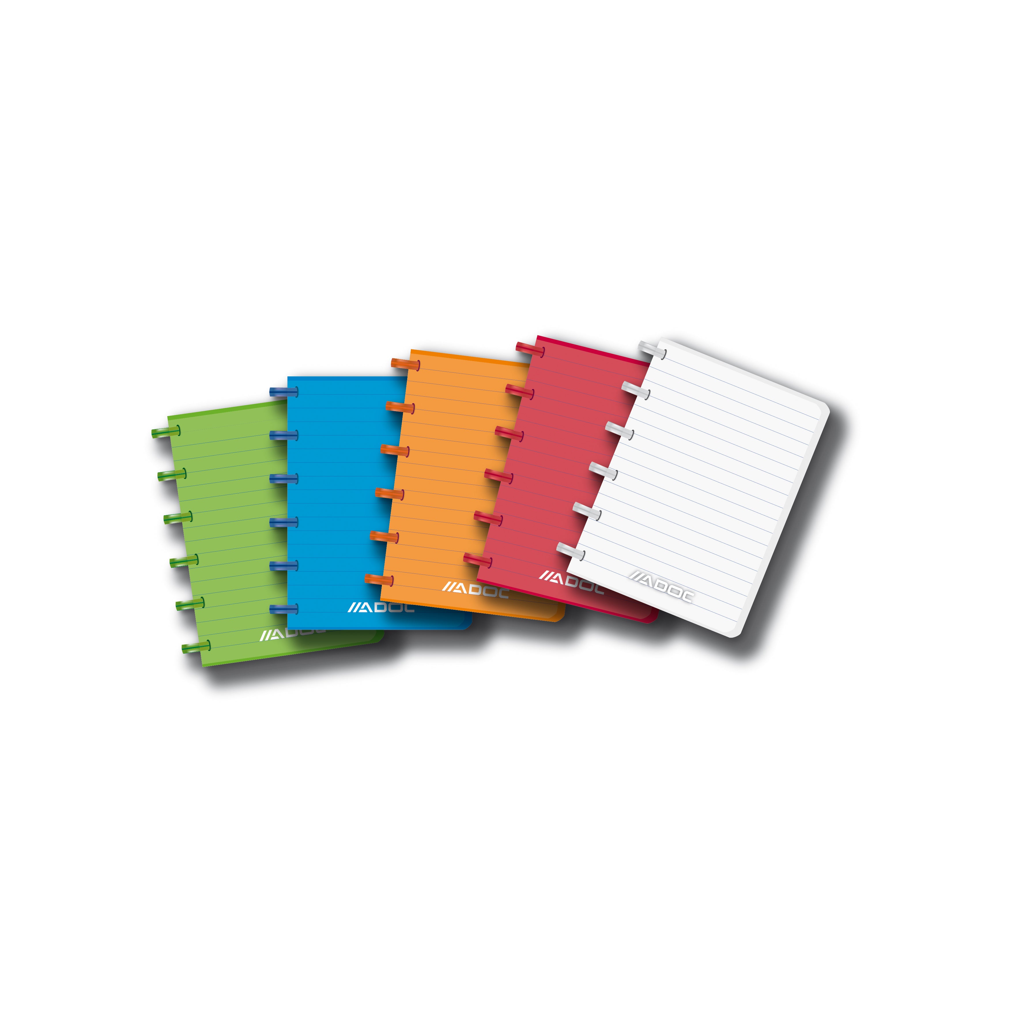 Adoc Notizheft – 120 × 150 mm – liniert – auswechselbare Blätter, transparenter Umschlag – mehrfarbig
