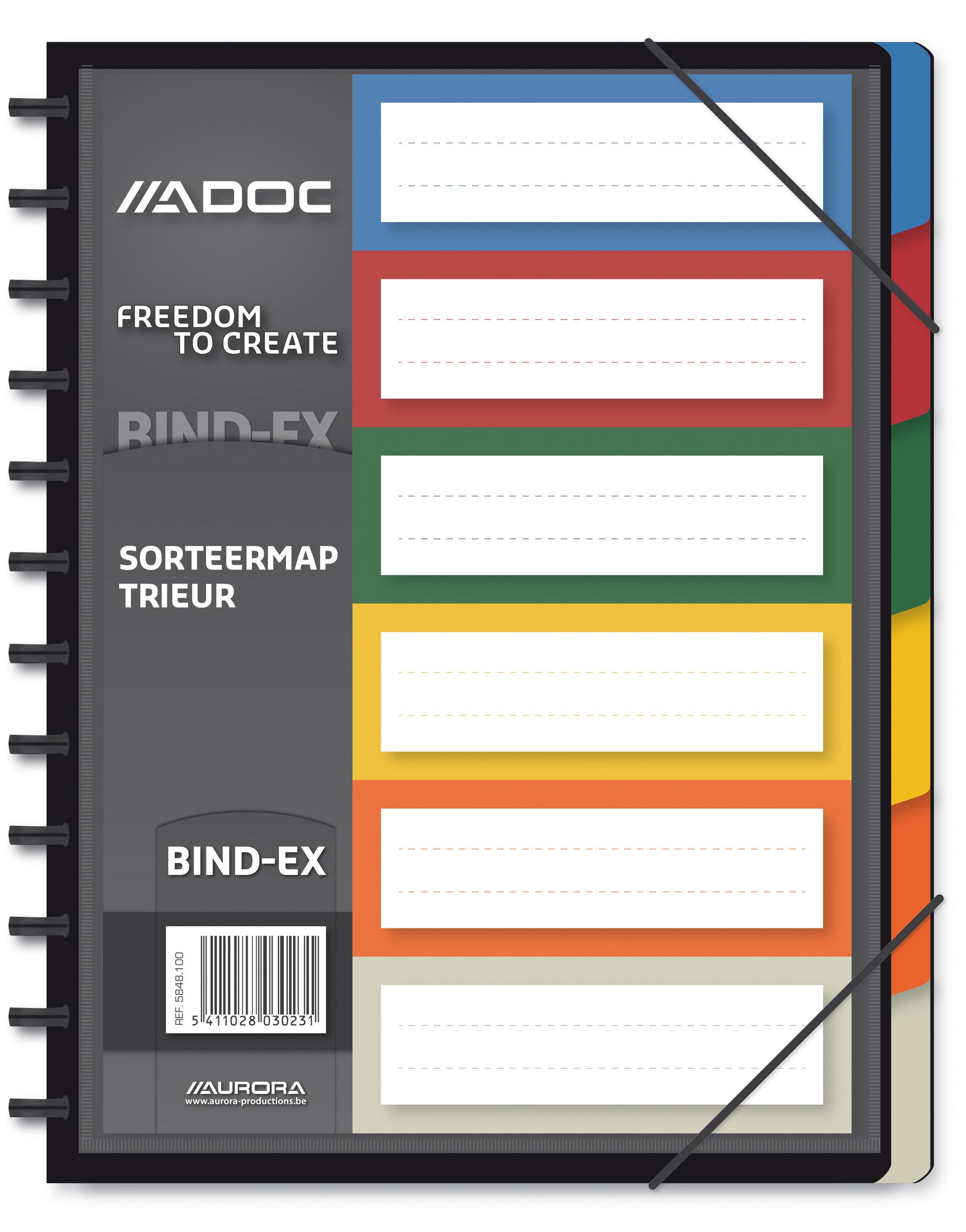 Adoc Fächermappe A4+ – 6 Fächer, Gummiband, Schwarz, Farbige Innenfächer, Sichttasche, Füllhöhe 20 mm