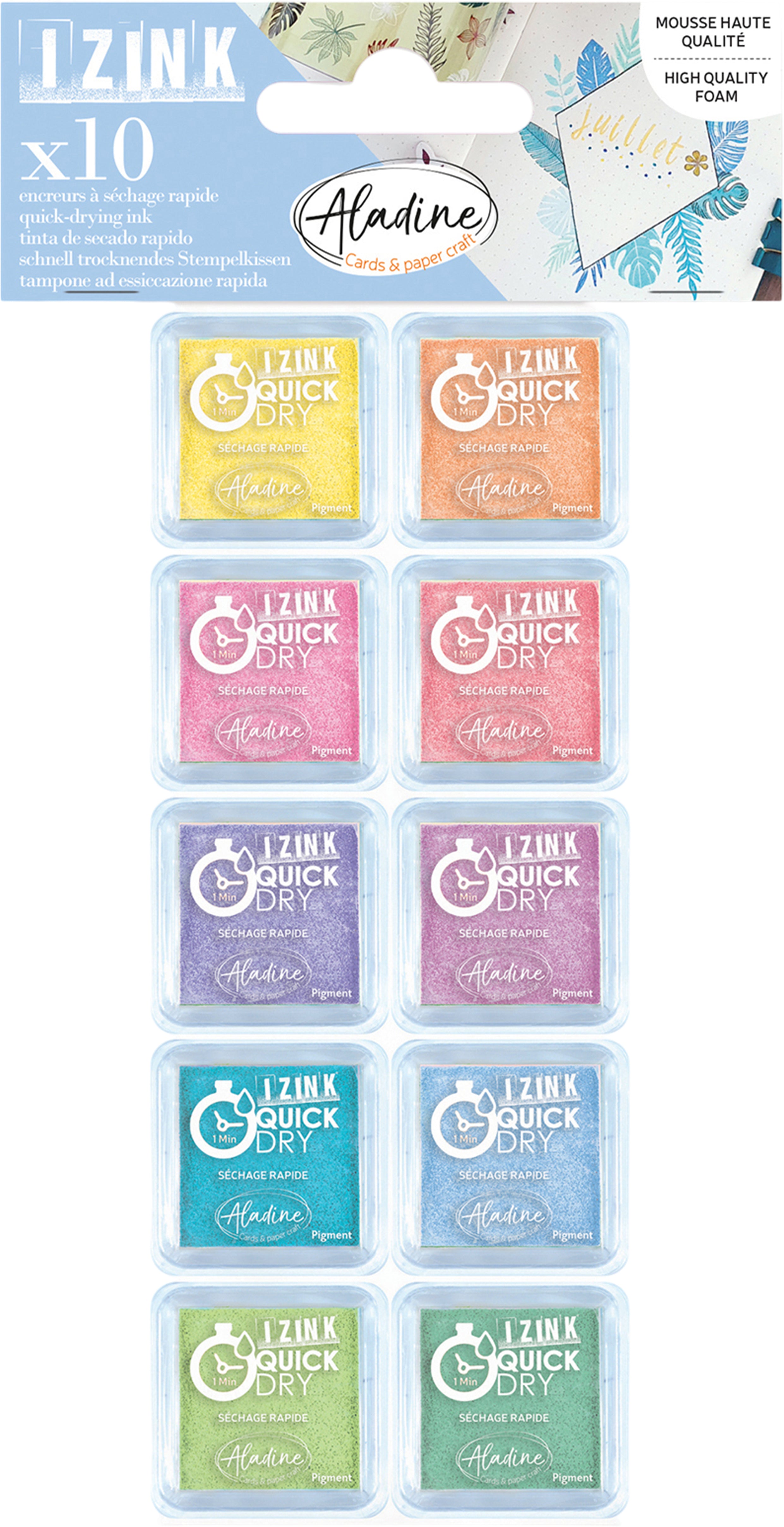 Aladine Stempelkissen – Pastell (schnelltrocknend) – 33 × 33 mm – farbig sortiert – 10 Stück