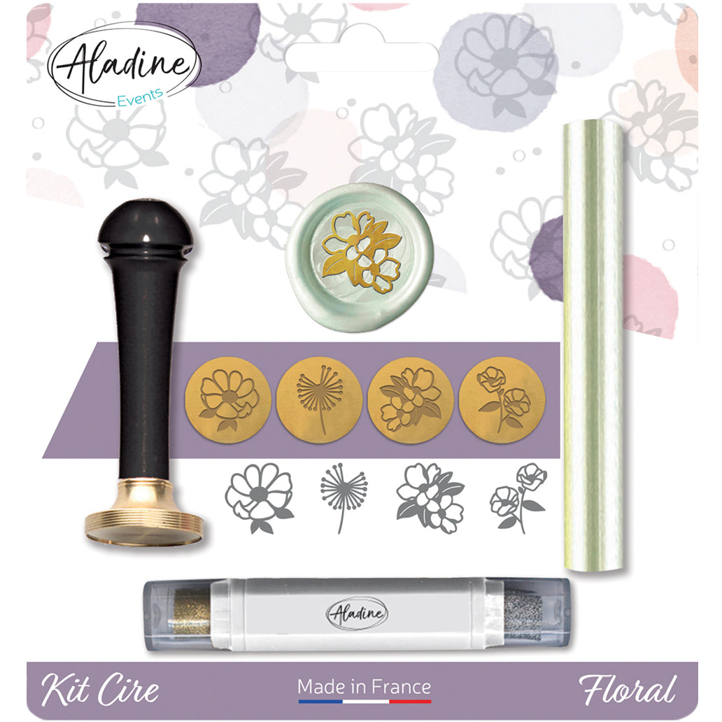 Aladine Stempel-Set – Blumig – 4 Messingsiegel, 1 Siegelstempel, 1 Wachsstäbchen, 1 Tintenstift – Messing
