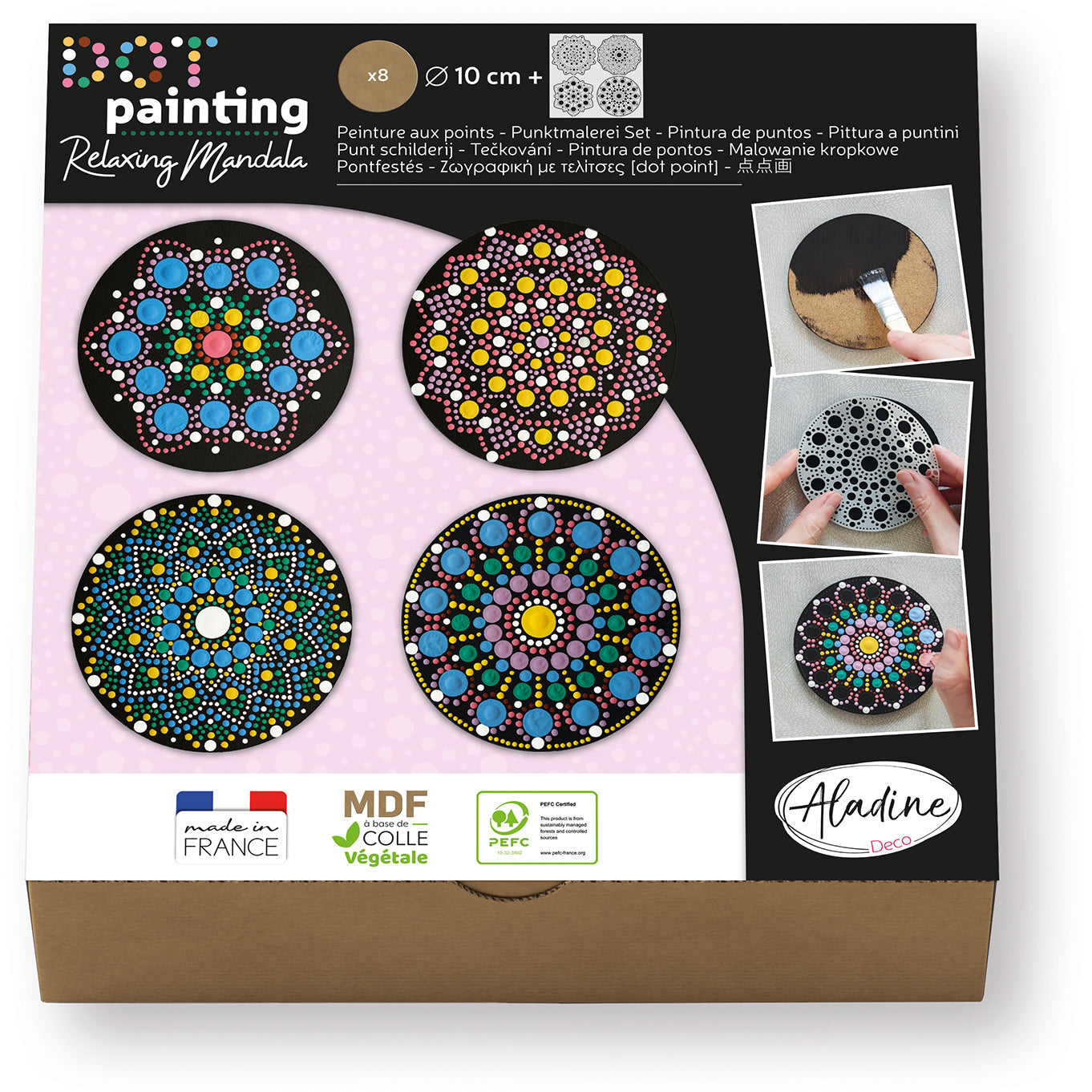 Aladine Dot-Painting-Bastelset – 8 runde PEFC-Holzplatten, 8 Farben, 7 Dotting-Werkzeuge