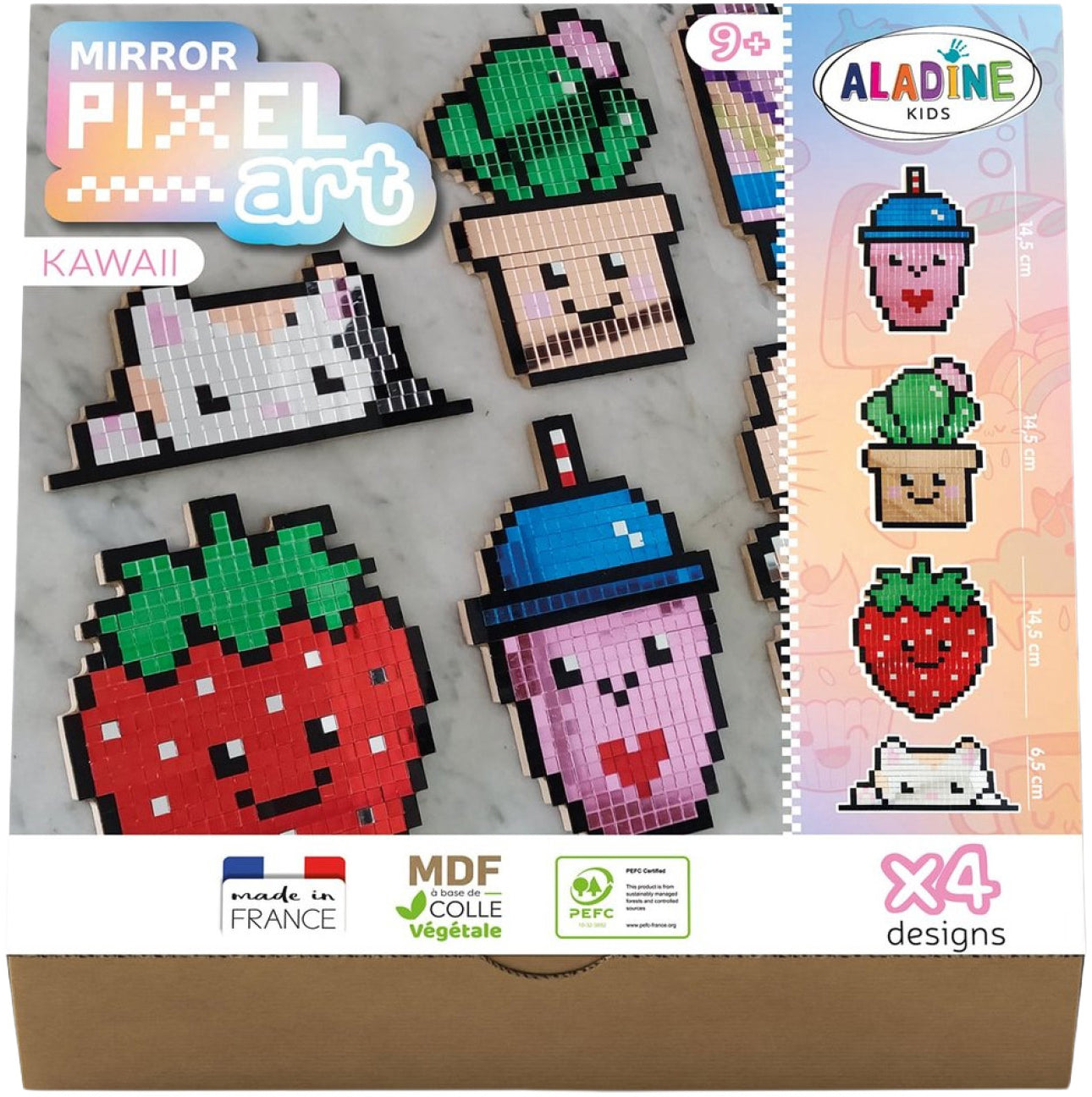 Aladine Pixel Art Set Kawaii – Bastelset – Katze, Kaktus, Erdbeere, Bubble Tea – 4-teilig