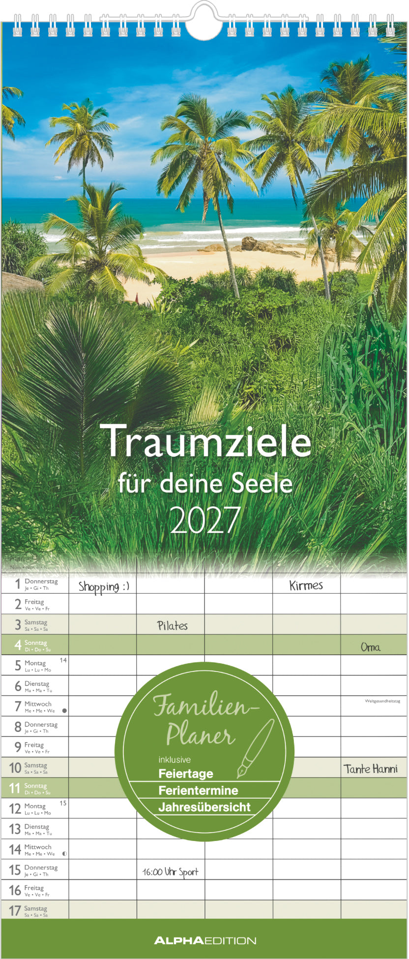 Alpha Edition – Familienplaner, Monat, 2027, 20 × 45 cm, Hochformat, 5 Spalten, Traumziele