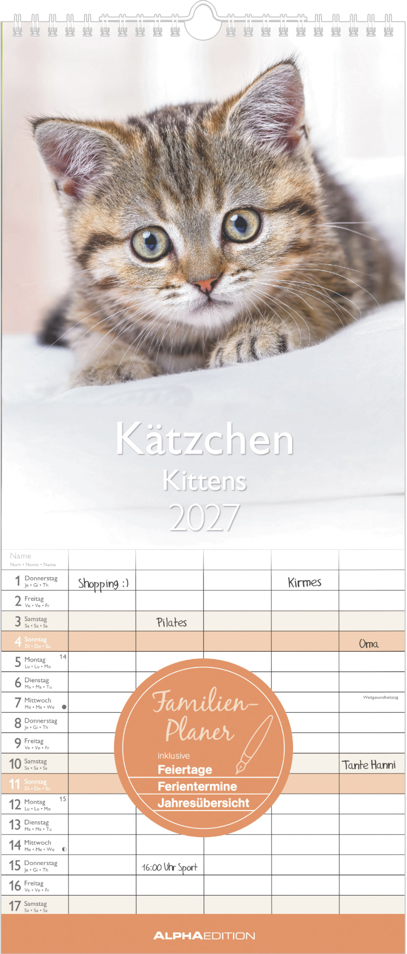 Alpha Edition – Familienplaner Kätzchen, Monat, 2027, 20 × 45 cm, hoch, 5 Spalten, Mondphasen