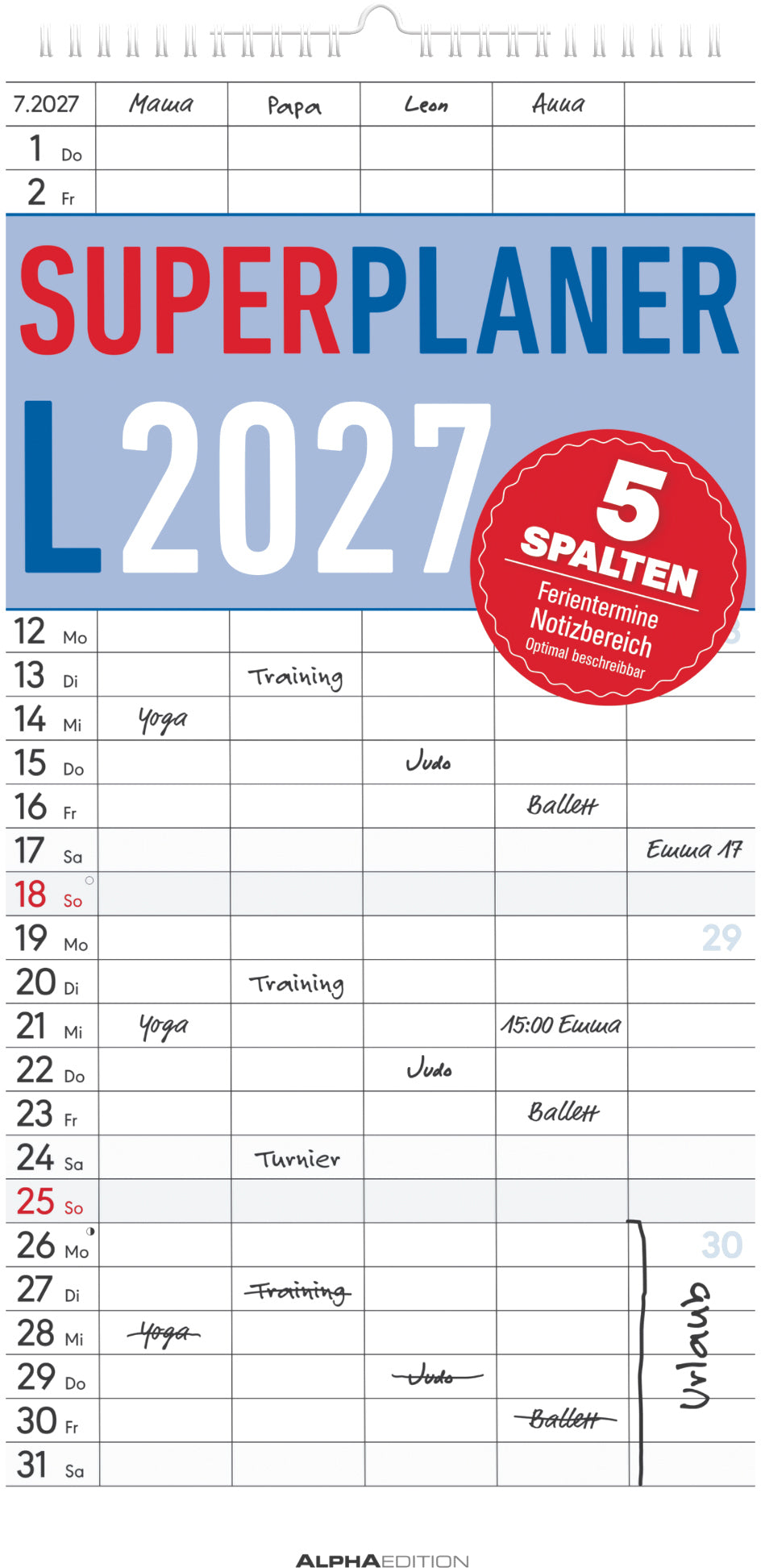 Alpha Edition – Familienplaner, Monat, 2027, 22,5 × 46 cm, d, 5 Spalten