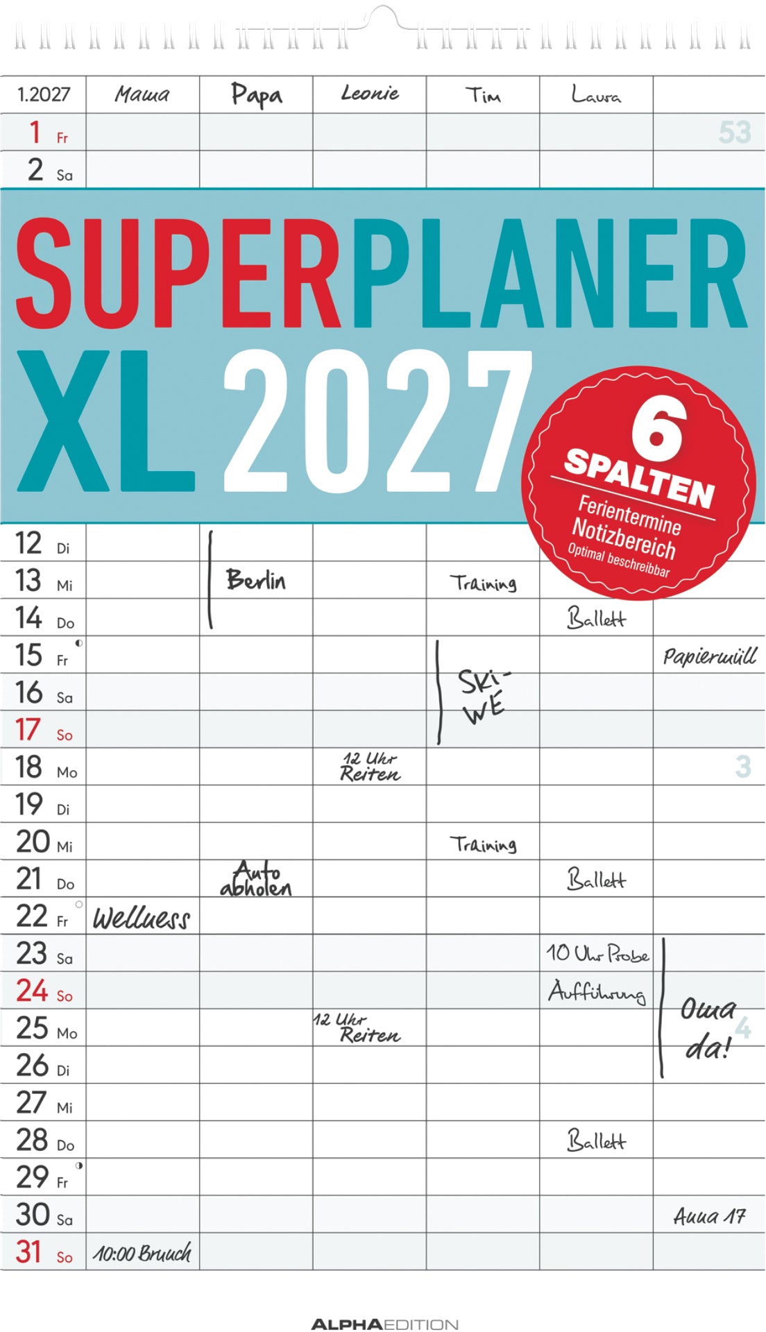 Alpha Edition – Familienplaner, Monat, 2027, 26,5 × 45,5 cm, 6 Spalten, d