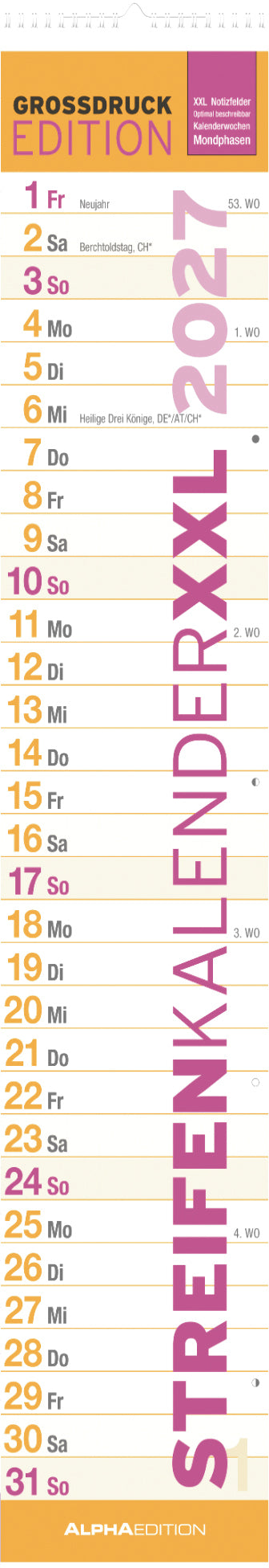 Alpha Edition – Abreisskalender Monat, 2027, 17 × 85,2 cm, 1 Spalte, Feiertage und Mondphasen