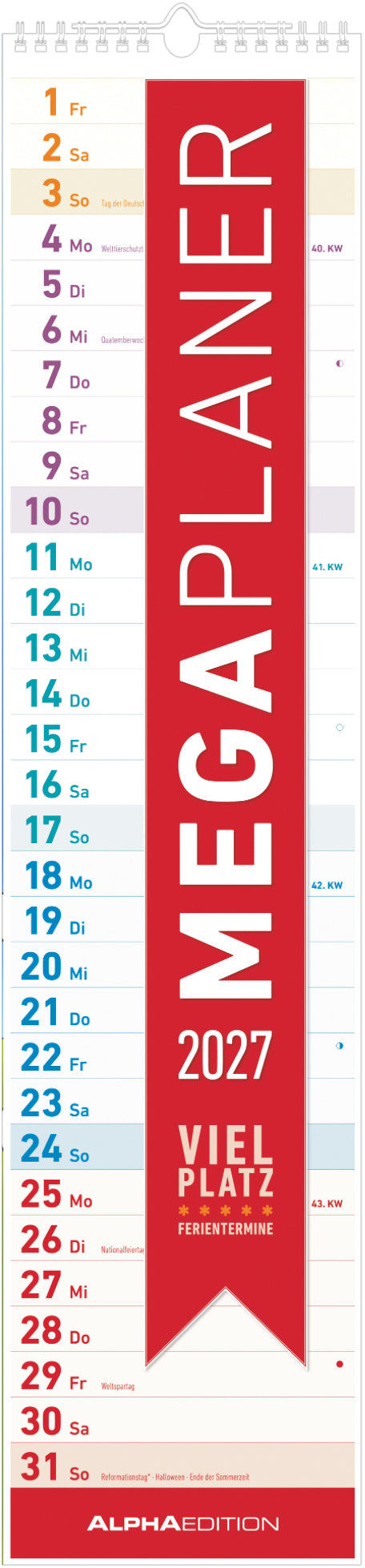 Alpha Edition – Wandkalender (Monat), Monat, 2027, 14,7 × 70,5 cm, hoch, Mondphasen