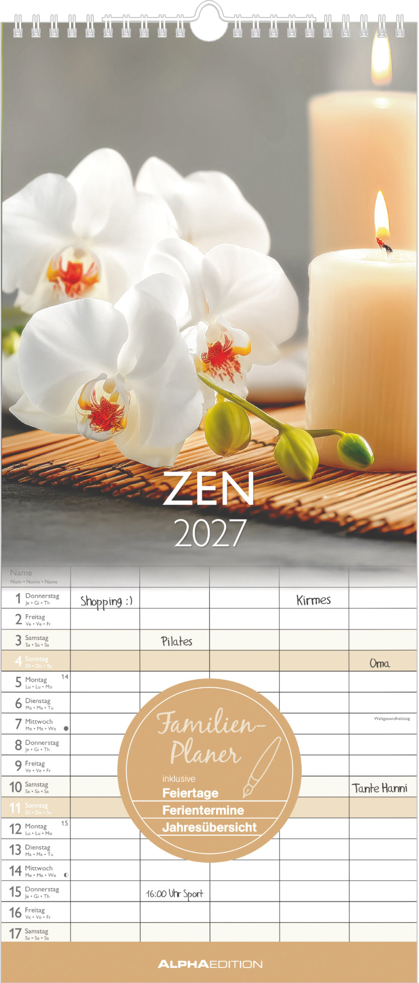 Alpha Edition – Familienplaner, Monat, 2027, 19,5 × 45 cm, 5 Spalten