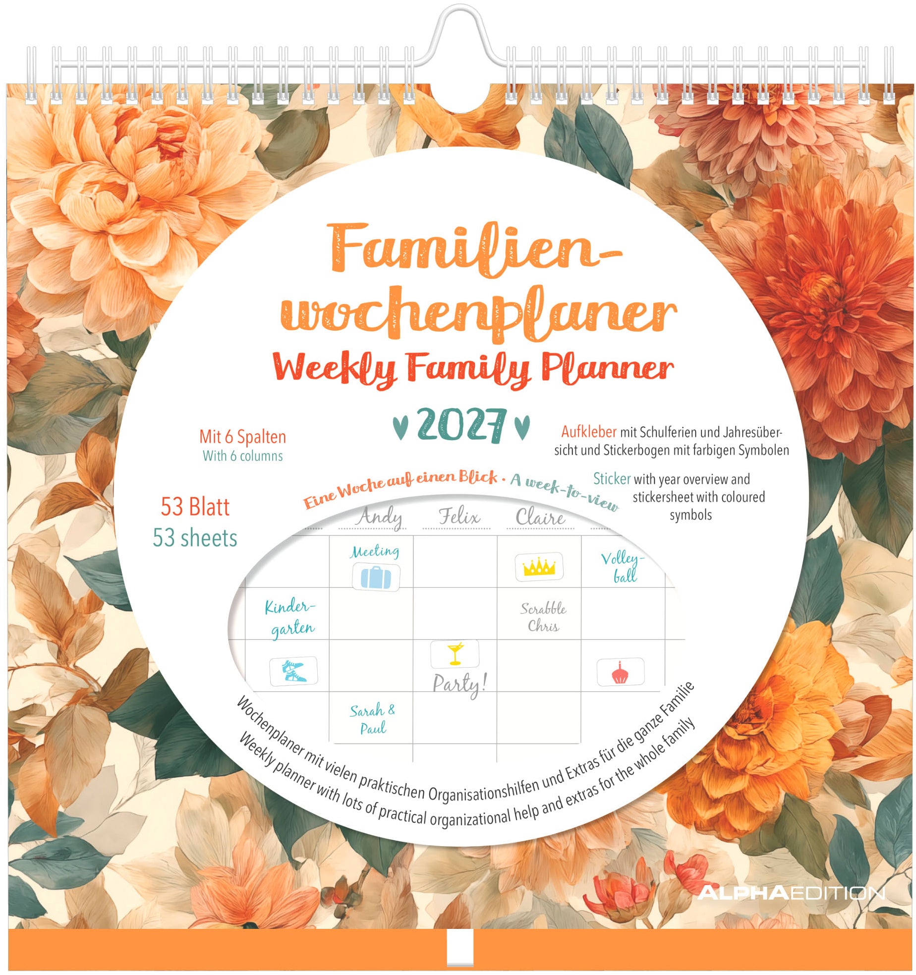 Alpha Edition – Familienplaner, 2027, 6 Spalten, 31 × 31 cm, Flowers
