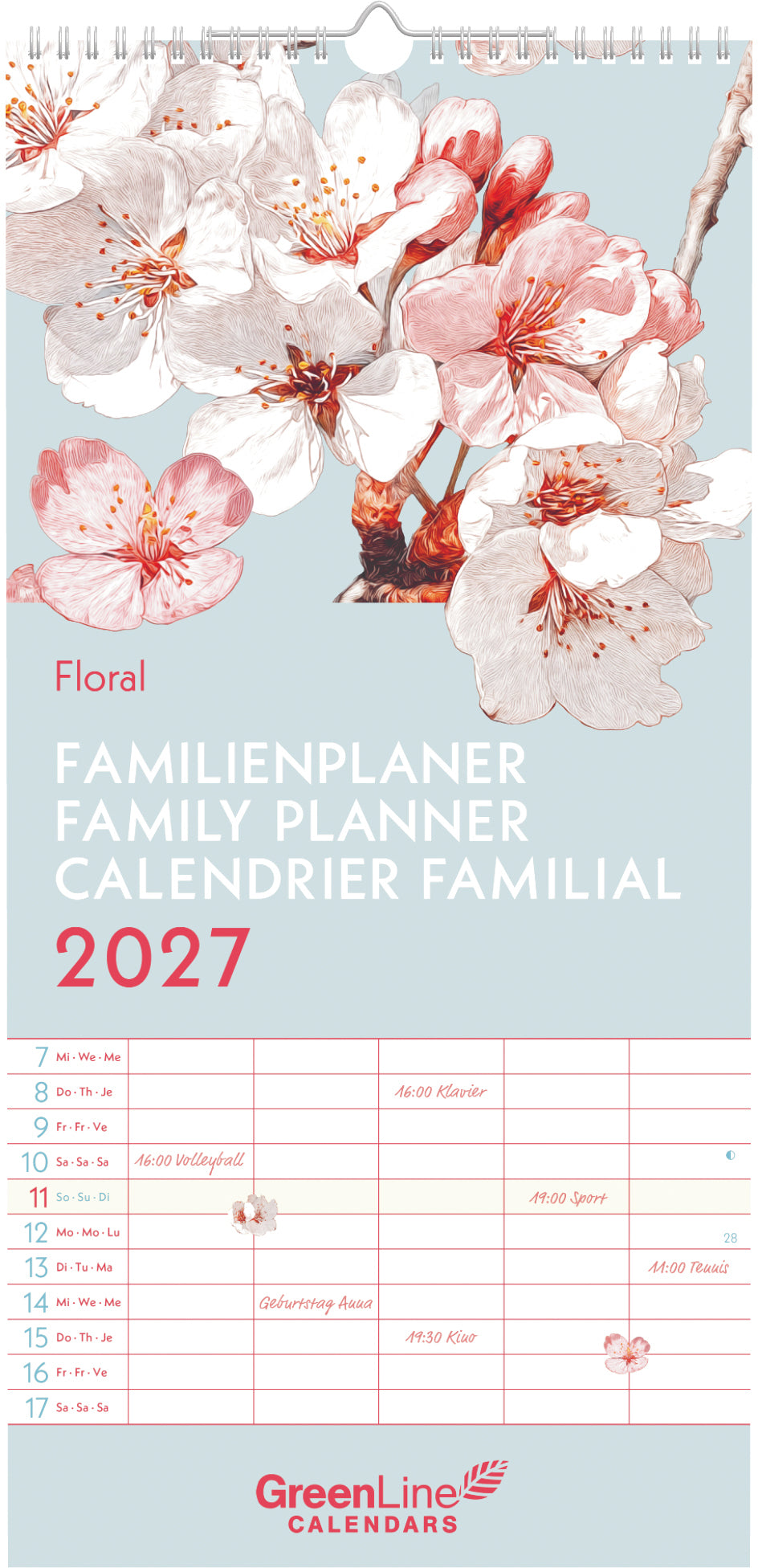 Alpha Edition – Familienplaner Floral, Monat, 2027, 22 × 46 cm, 5 Spalten