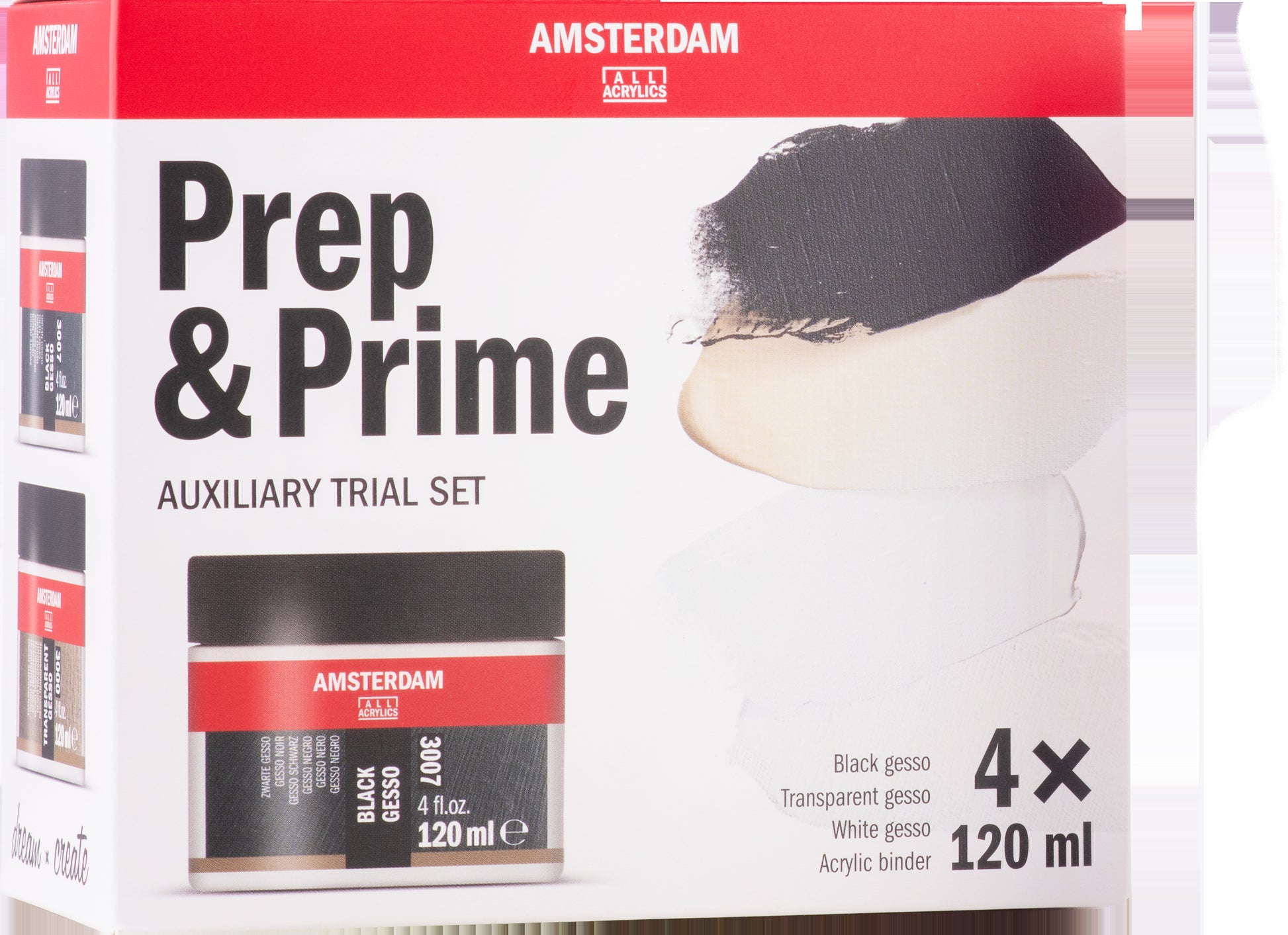 Royal Talens Amsterdam Gesso-Grundierungset – Schwarz/Weiss/Transparent – 4×120 ml (480 ml) – für Leinwand