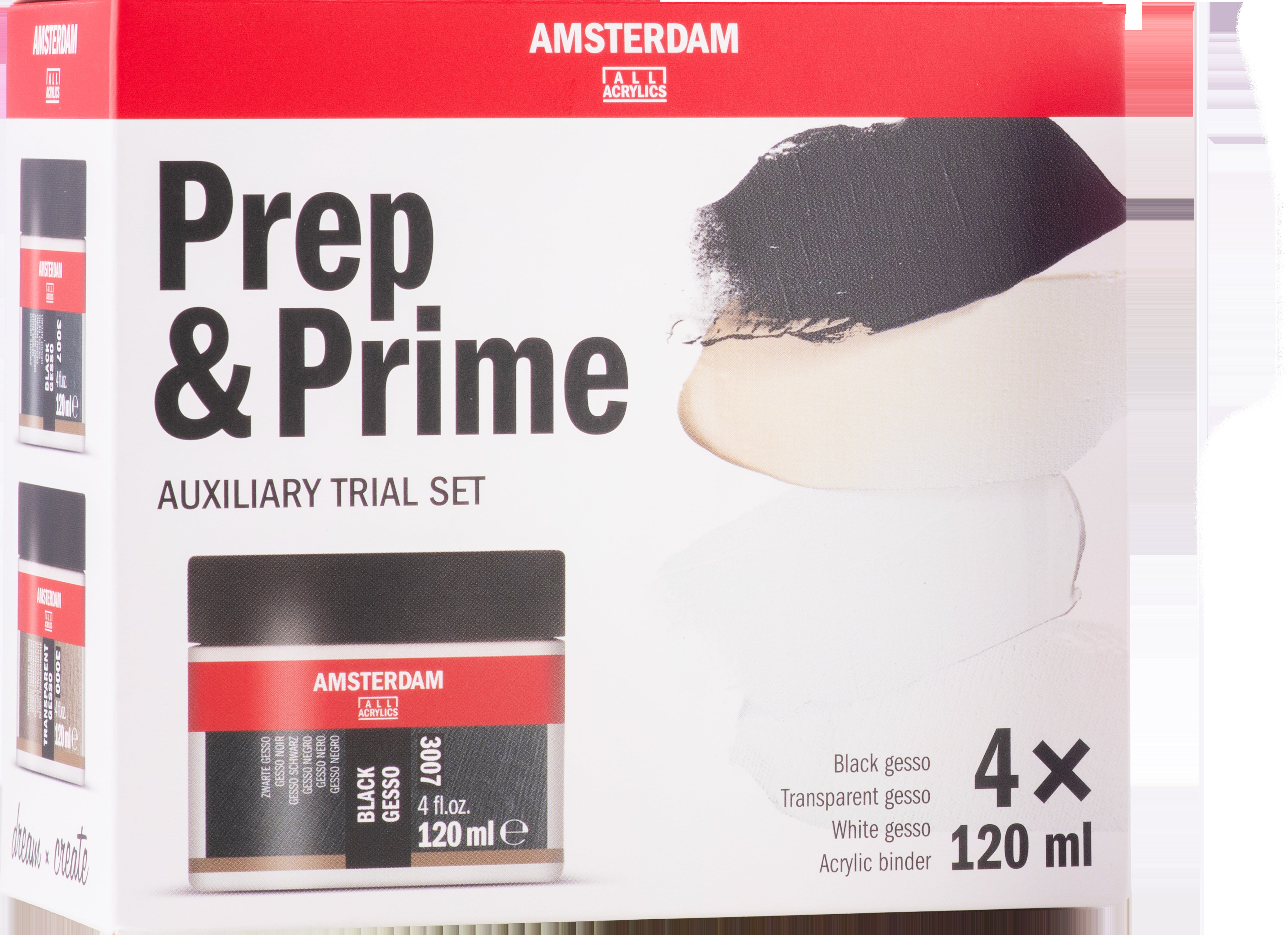 Royal Talens Amsterdam Gesso-Grundierungset – Schwarz/Weiss/Transparent – 4×120 ml (480 ml) – für Leinwand