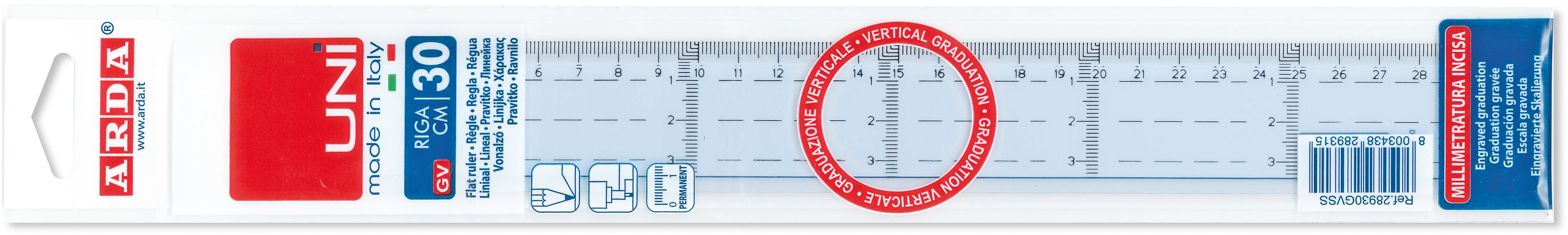 Arda Lineal – Kunststoff – 30 cm – Tuschekante, Vertikalmarkierung – Transparent