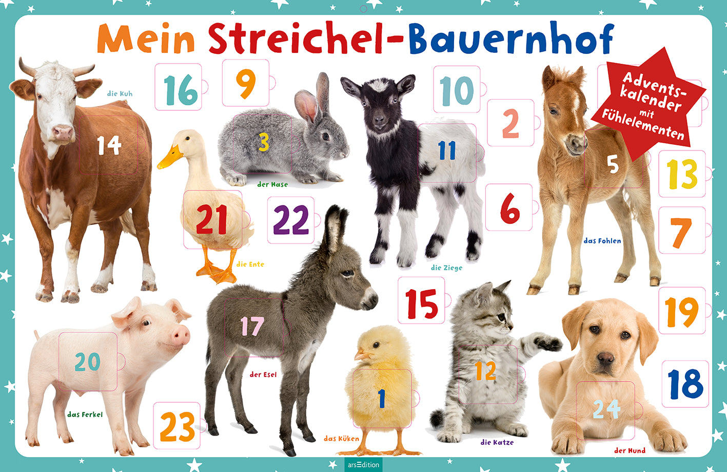 Ars edition Streichel-Bauernhof – Adventskalender – 40,5 × 62,5 cm – mit 10 Streichelelementen