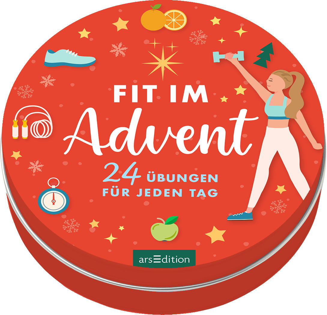 Ars edition Adventskalender – Fit im Advent, 24 Übungskarten, in der Dose