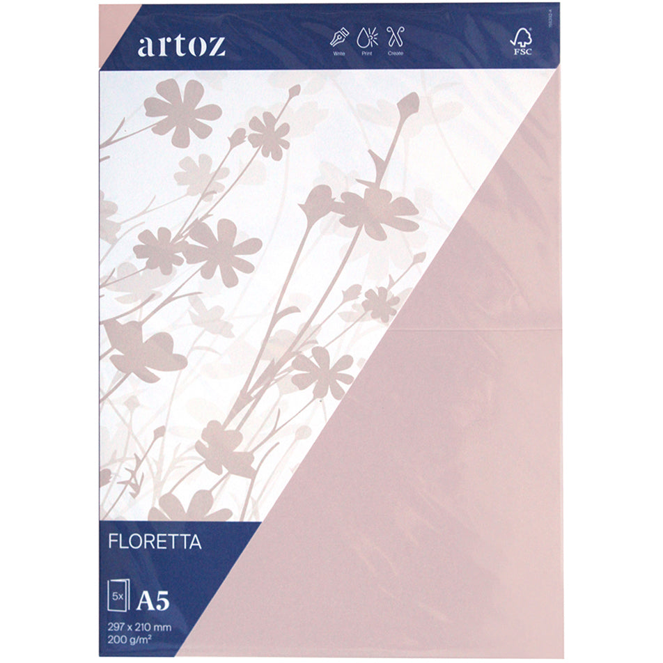 Artoz Klappkarten-Set – A5, Karton 200 g/m², Floretta, Hellrosa – 5 Stk