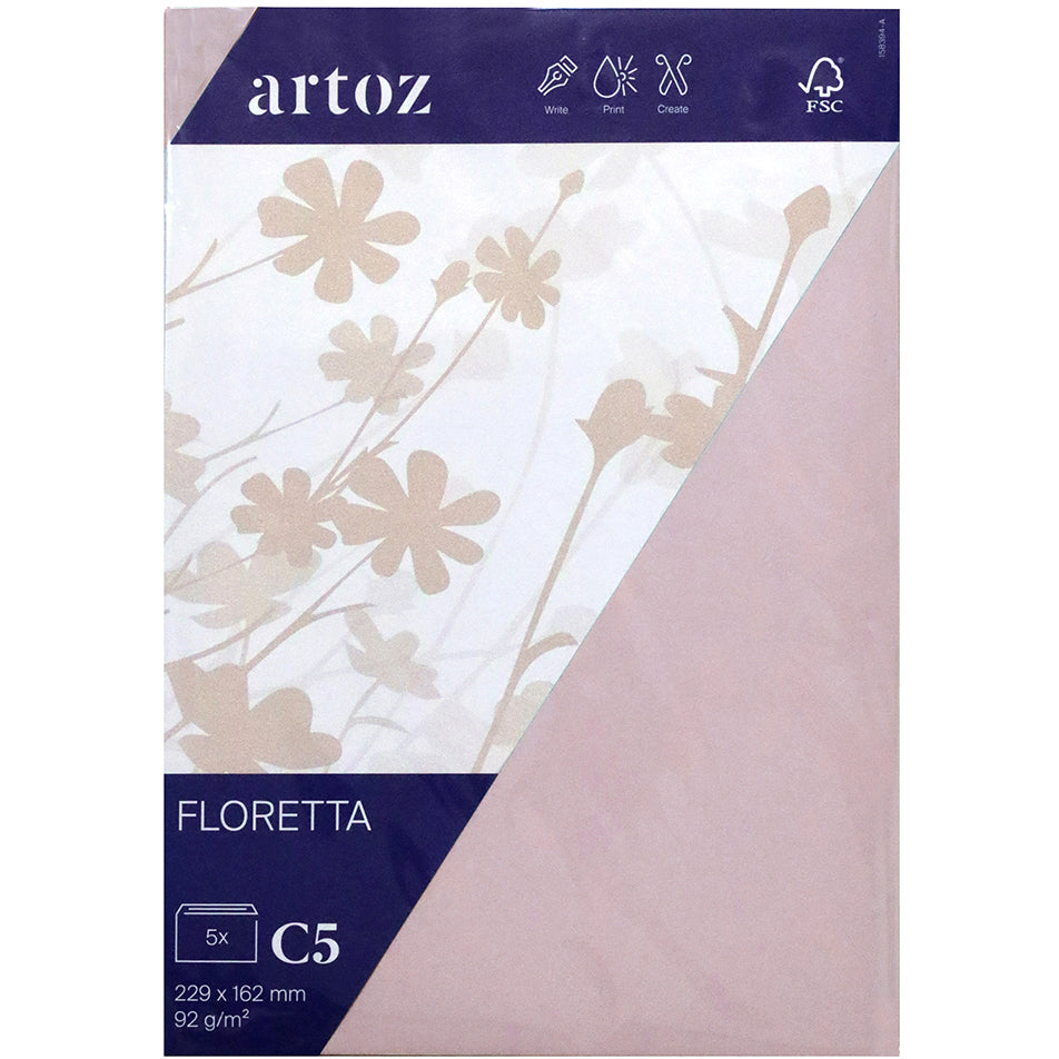 Artoz Couvert C5, ohne Fenster, Haftklebung, hellrosa, 92 g/m², Floretta – 5 Stk.