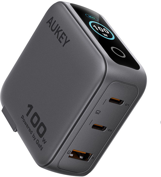 AUKEY PA-B9U USB-Ladegerät 100 W – USB-C×2, USB-A×1 – GaN, Display, wechselbare Reiseadapter