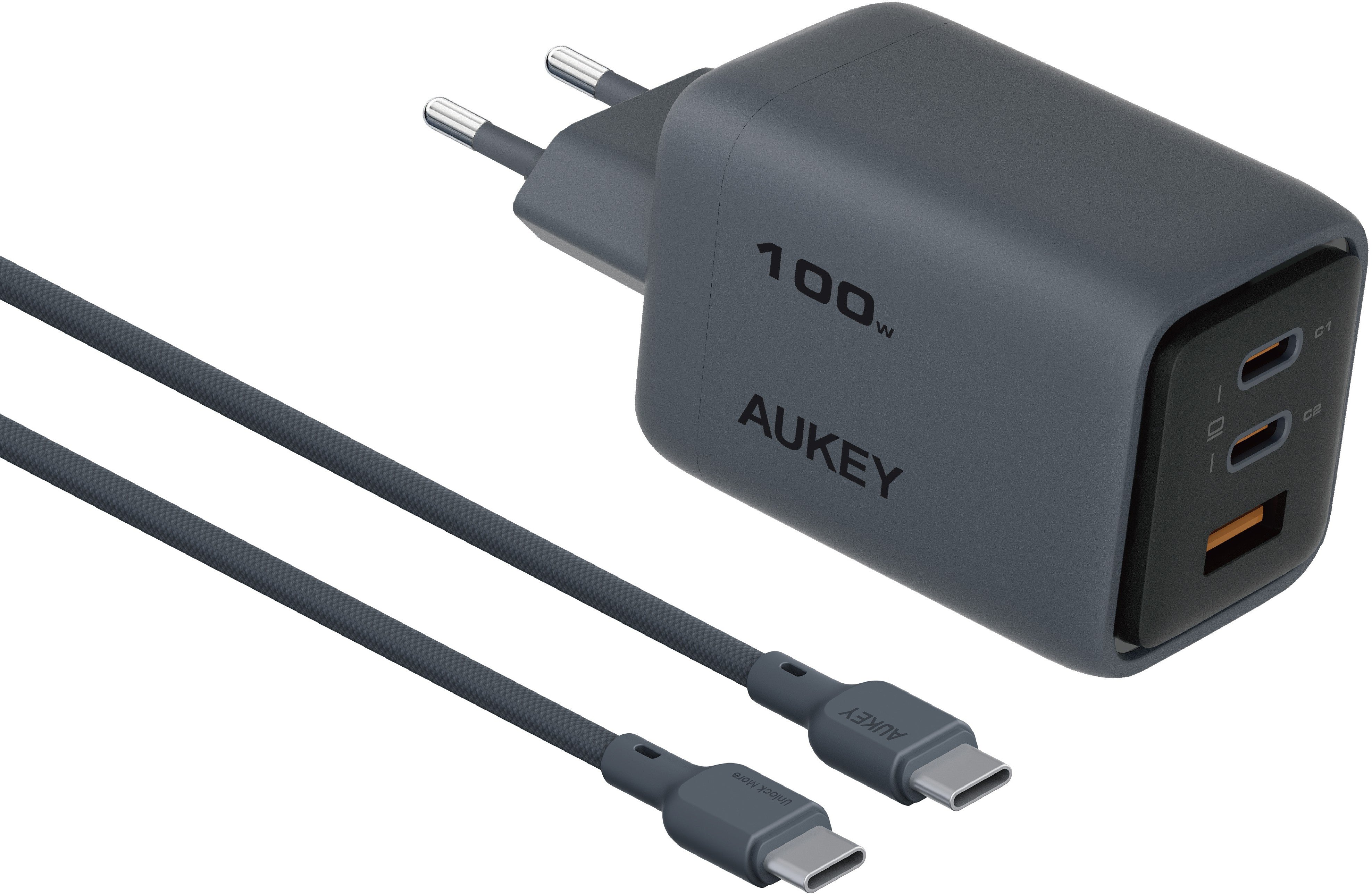 AUKEY Comet Mix PA-C5 USB-Ladegerät 100 W – USB-C×3 – PD, GaN – inkl. USB-C-Kabel 1,8 m – Blau