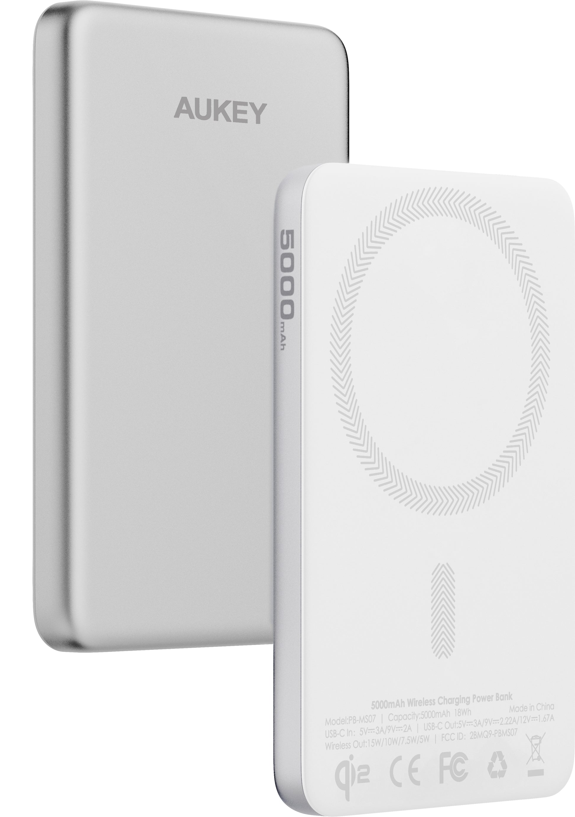 AUKEY MagFusion Slim PB-MS07 S Wireless Powerbank 5'000 mAh – 20 W PD, Qi2 Wireless 15 W, weiss