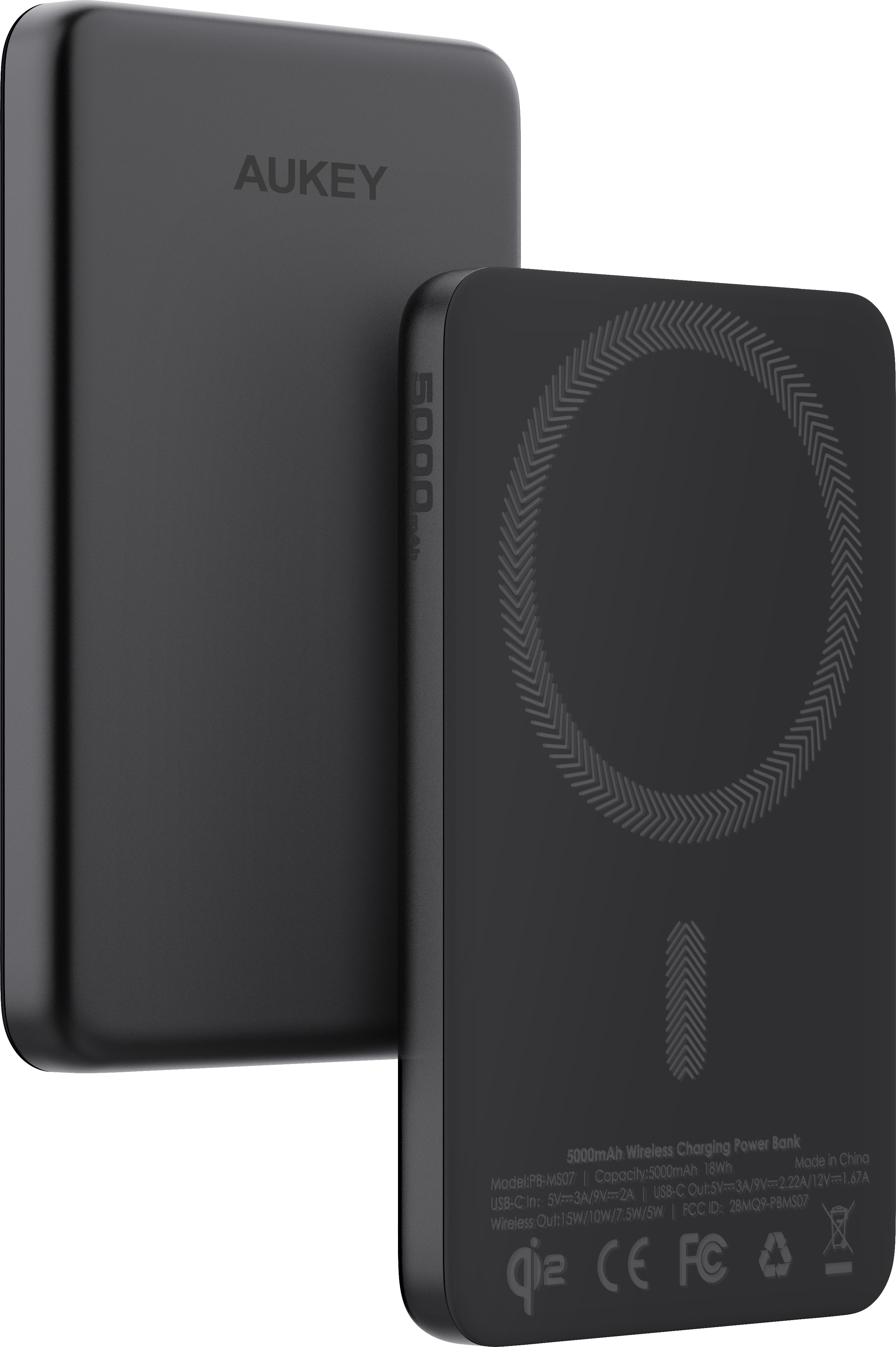 AUKEY MagFusion Slim Wireless Powerbank 5'000 mAh – 20 W PD, Qi2 Wireless 15 W, Schwarz
