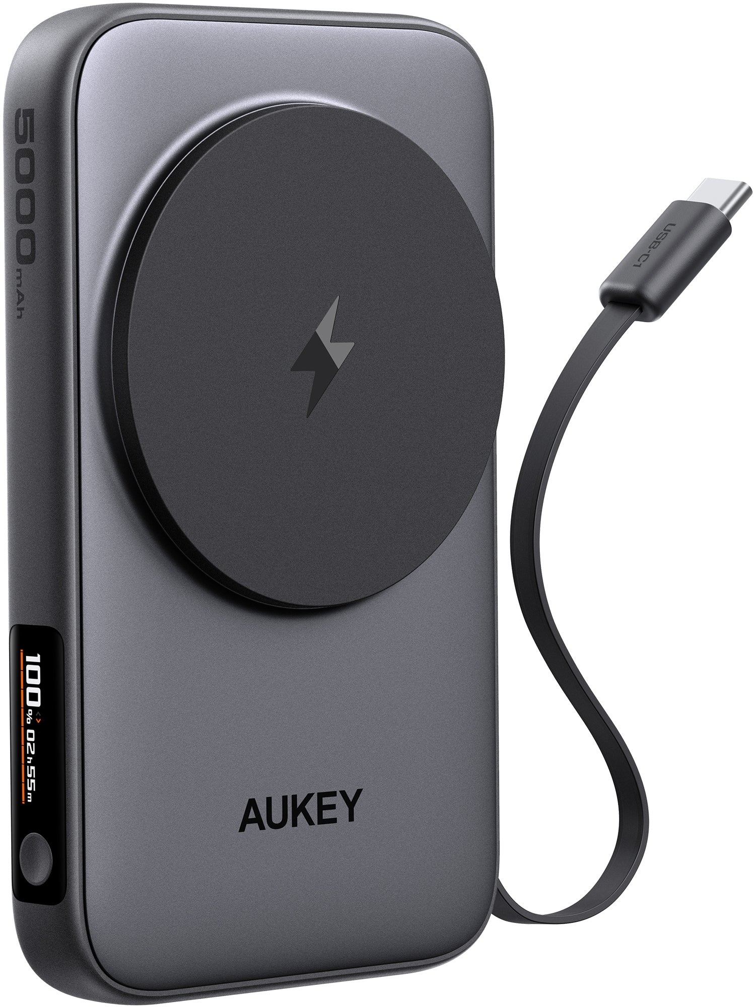 AUKEY MagFusion Reel PB-MS11 MagSafe Powerbank 5'000 mAh – Qi2 15 W, 1× USB-C, integriertes Kabel