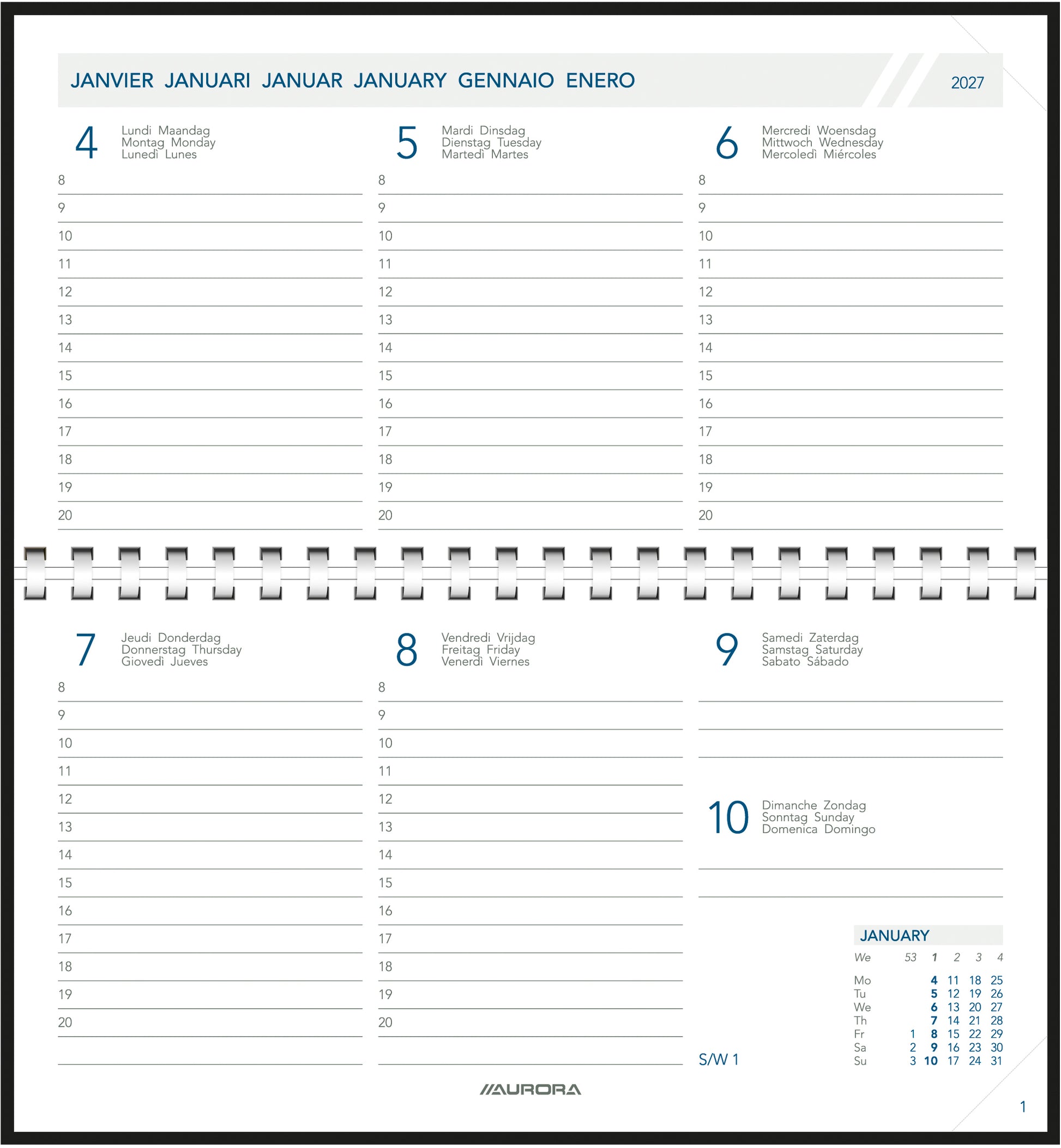 Aurora Novoplan Pearl – Kalendereinlage 2027, 1 Woche/2 Seiten, 9,7 × 16,5 cm, für Taschenagenda Novoplan