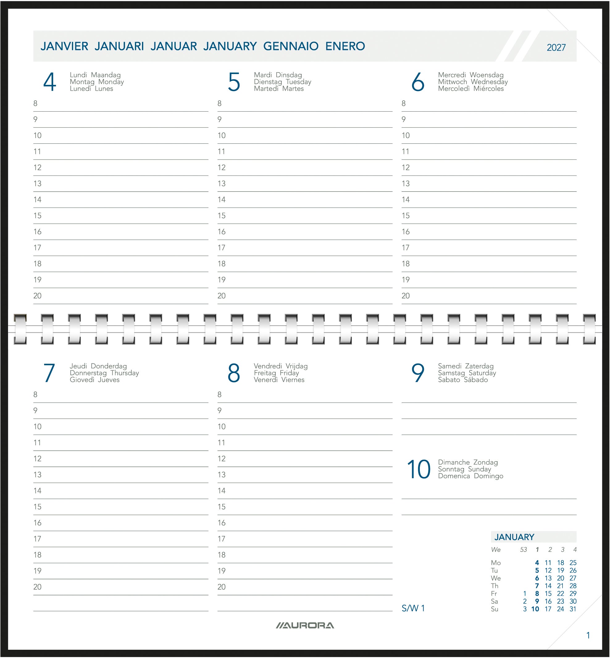 Aurora Novoplan Pearl – Kalendereinlage 2027, 1 Woche/2 Seiten, 9,7 × 16,5 cm, für Taschenagenda Novoplan
