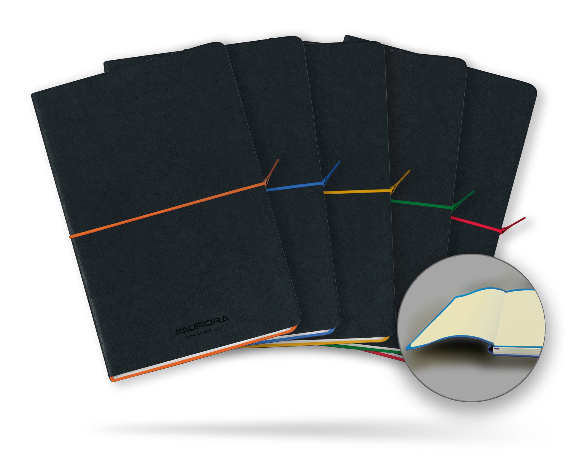 Aurora Tesoro Notizbuch – A5 – liniert – 192 Seiten – Softcover, Soft-Touch-Umschlag, Gummiband – schwarz/gelb