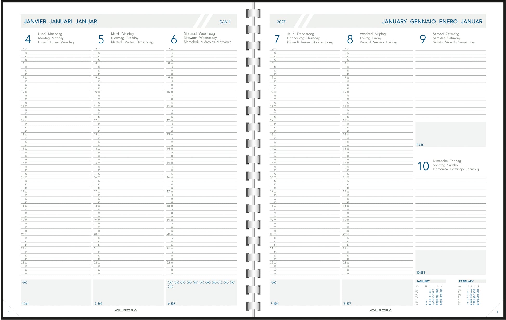 Aurora Plan a Week – Kalendereinlage 2027, 1 Woche/2 Seiten, 22,0 × 27,2 cm, für Plan a Week A4