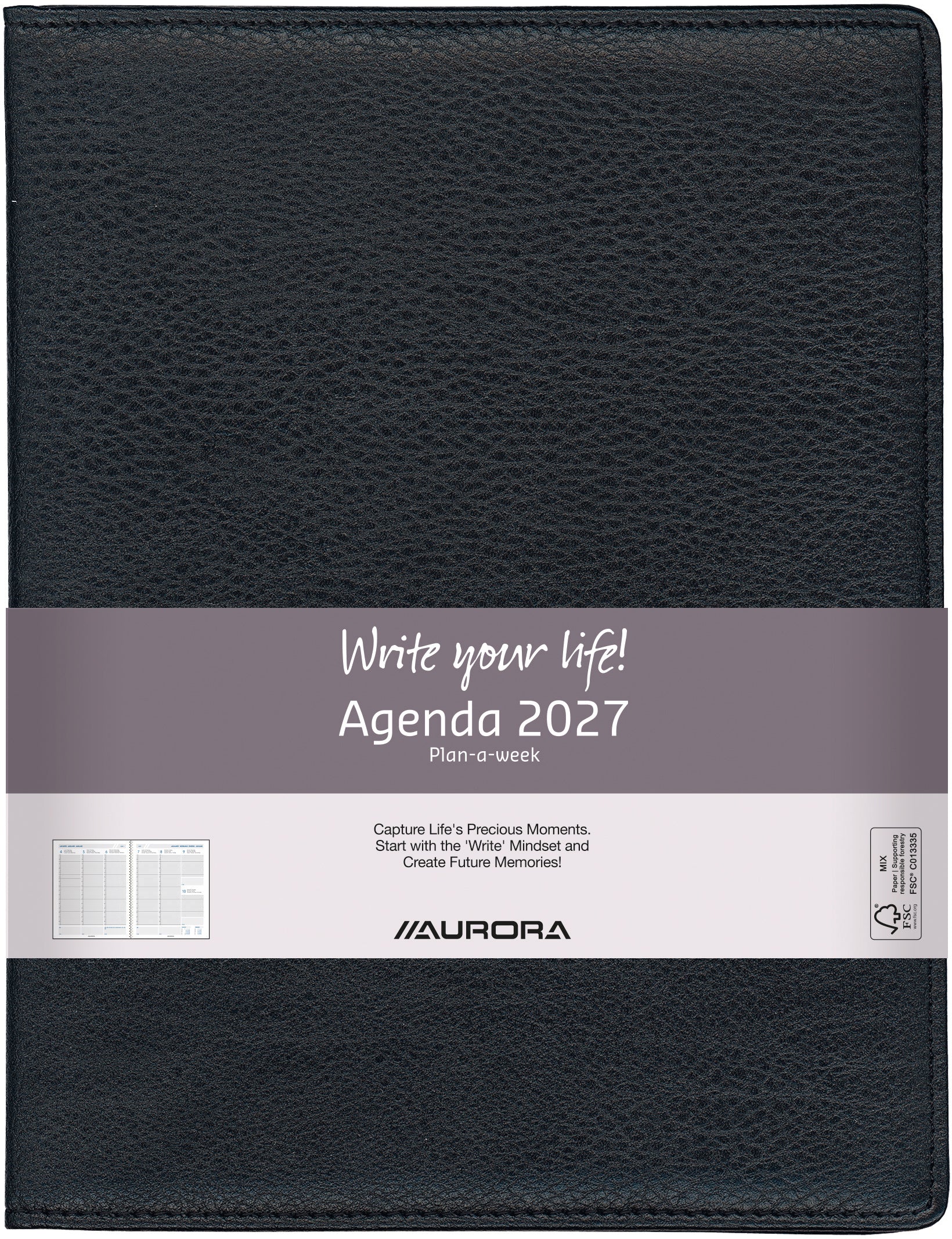 Aurora Finesse PAW Perl – Wochenagenda 2027, 1 Woche/2 Seiten, 21 × 27 cm, schwarz