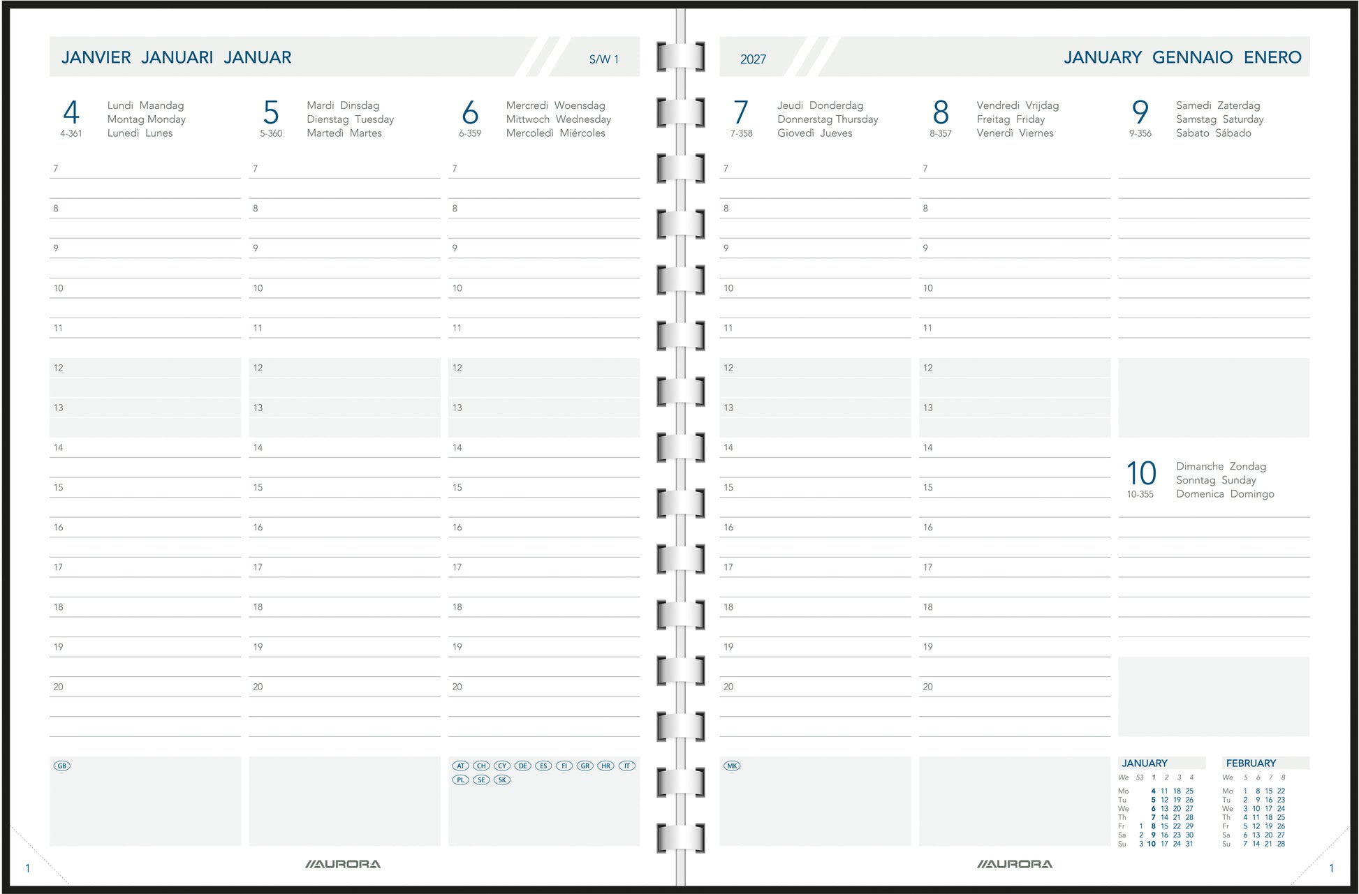 Aurora Business Perl 2900P – Kalendereinlage 2027, 1 Woche/2 Seiten, 17,5 × 22 cm, für Business Perl Agenda